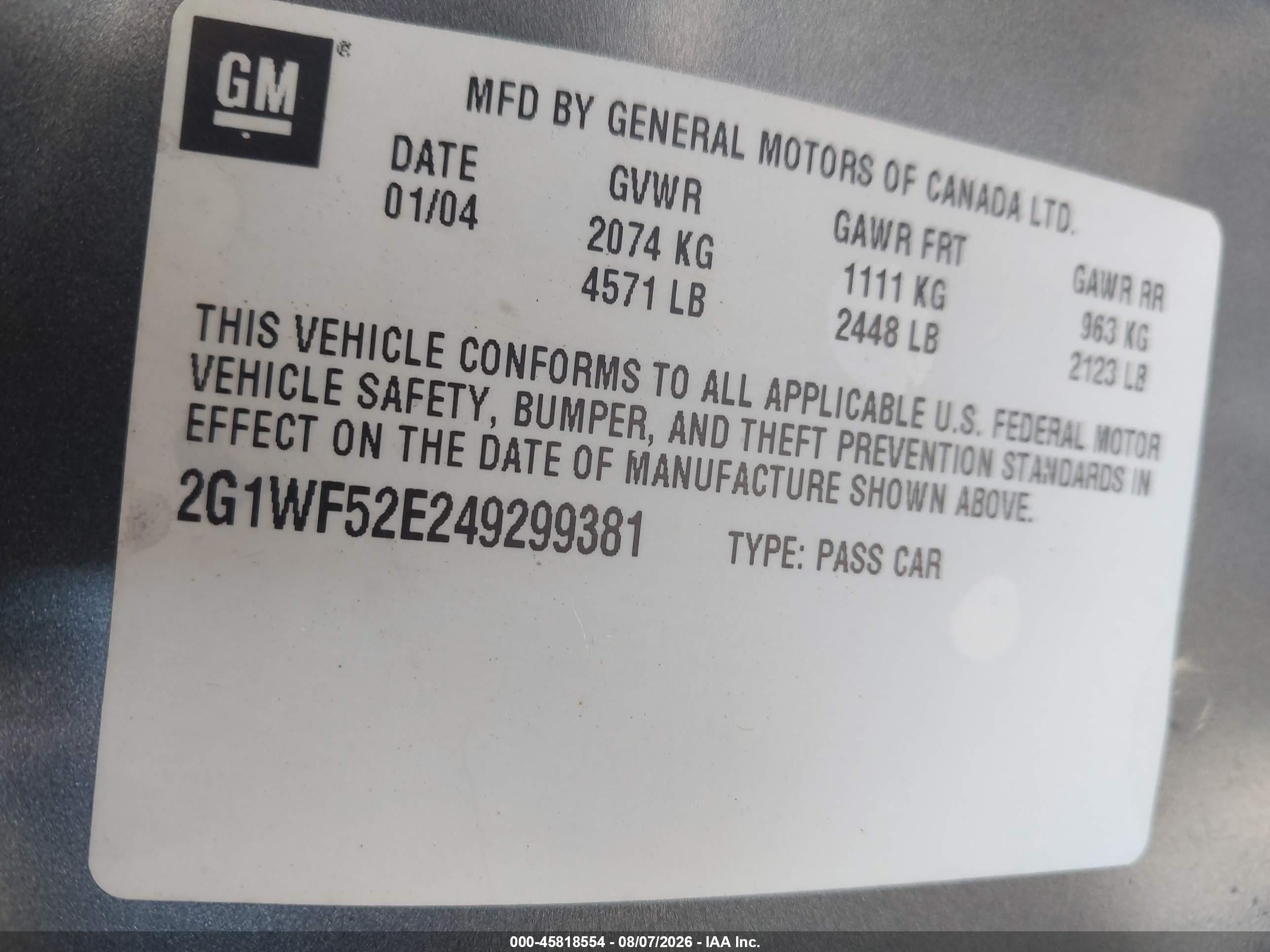 2004 Chevrolet Impala   Gray vin: 2G1WF52E249299381