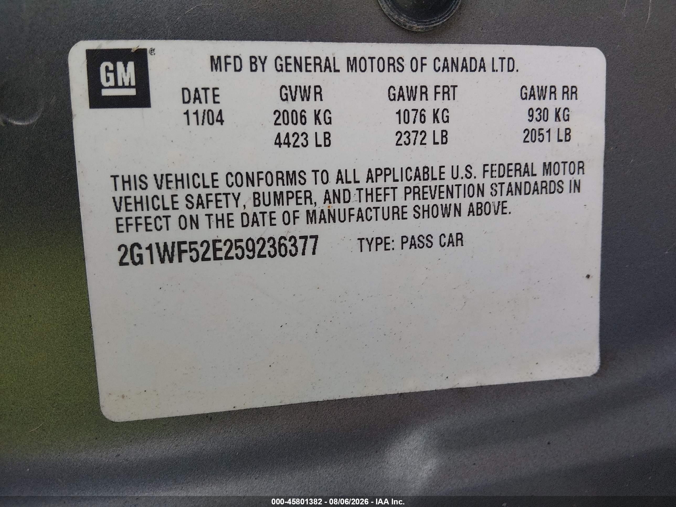 2005 Chevrolet Impala   Серый vin: 2G1WF52E259236377