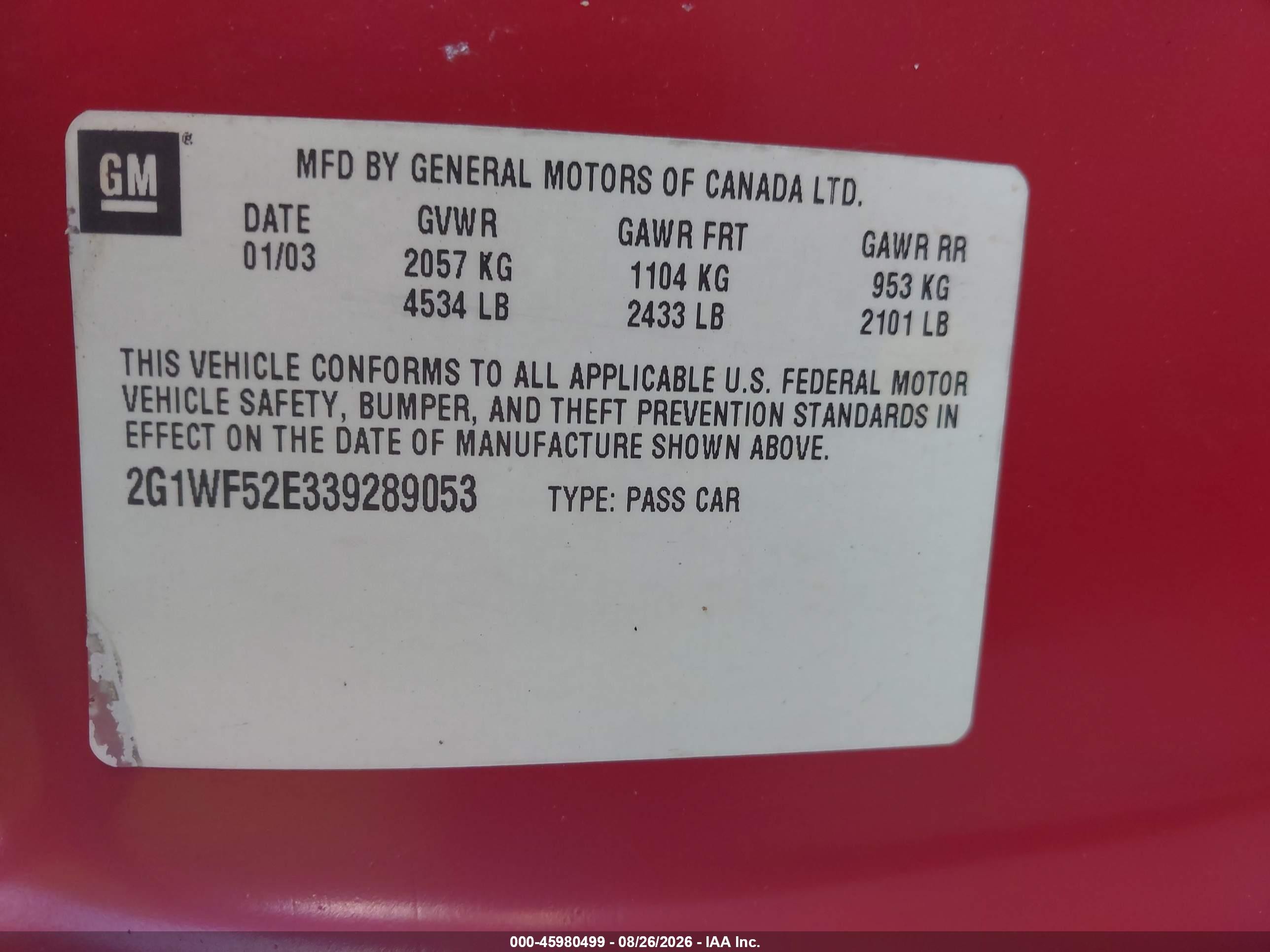 2003 Chevrolet Impala   Red vin: 2G1WF52E339289053