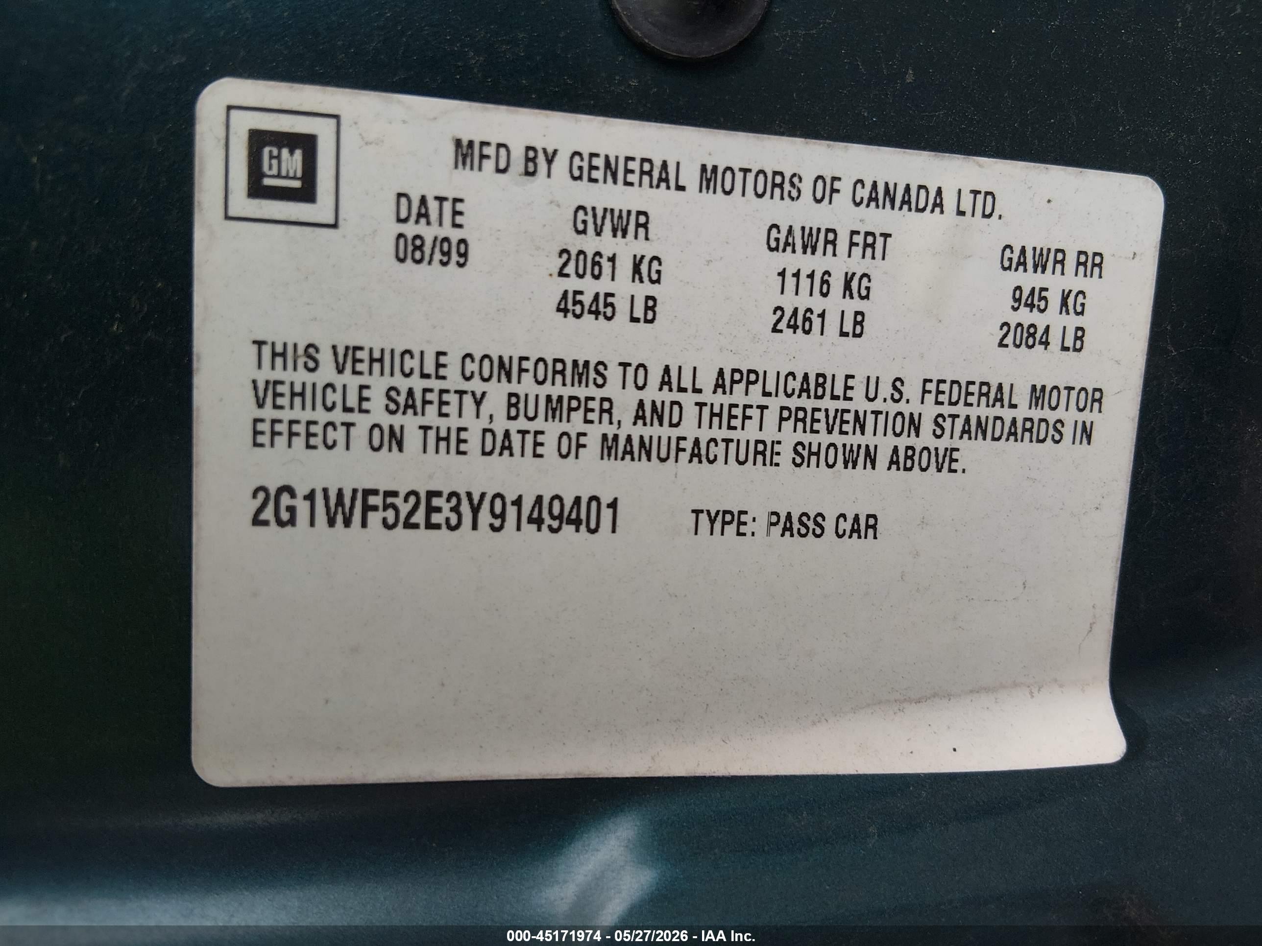 2000 Chevrolet Impala   Зеленый vin: 2G1WF52E3Y9149401