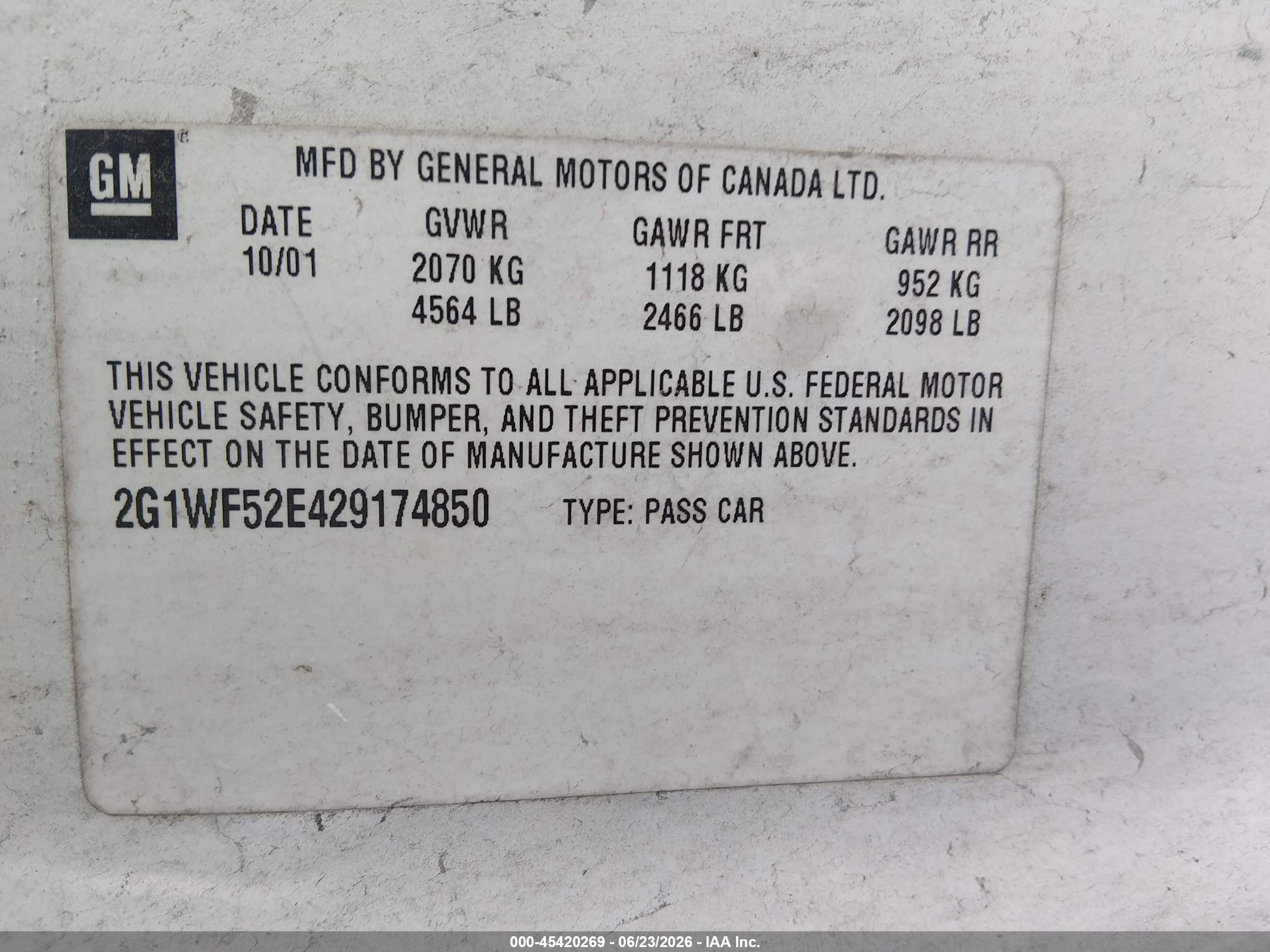 2002 Chevrolet Impala   White vin: 2G1WF52E429174850