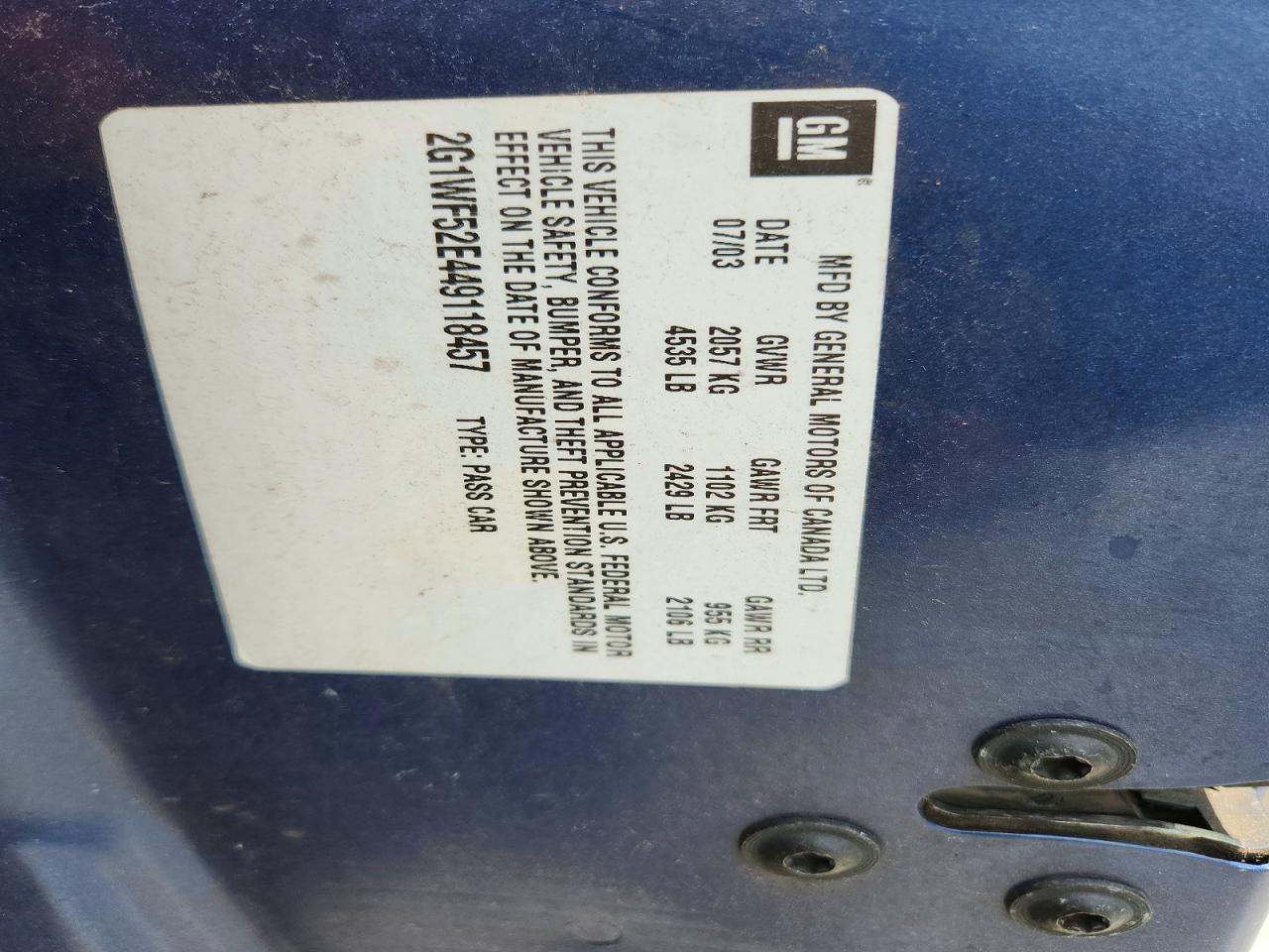 2004 Chevrolet Impala Blue vin: 2G1WF52E449118457