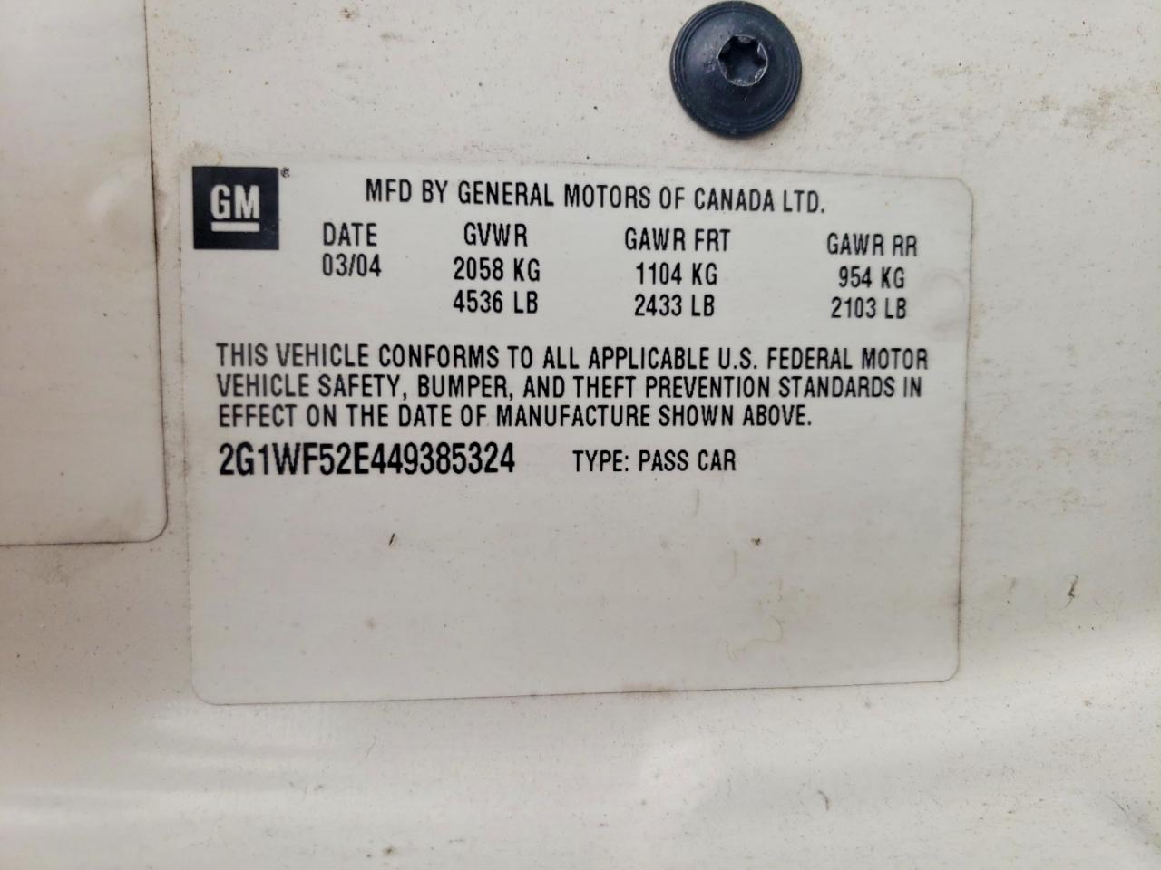 2004 Chevrolet Impala White vin: 2G1WF52E449385324