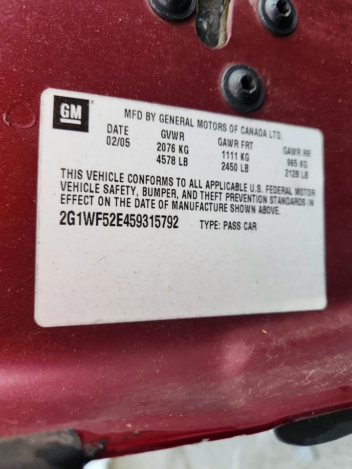 2005 Chevrolet Impala Burgundy vin: 2G1WF52E459315792