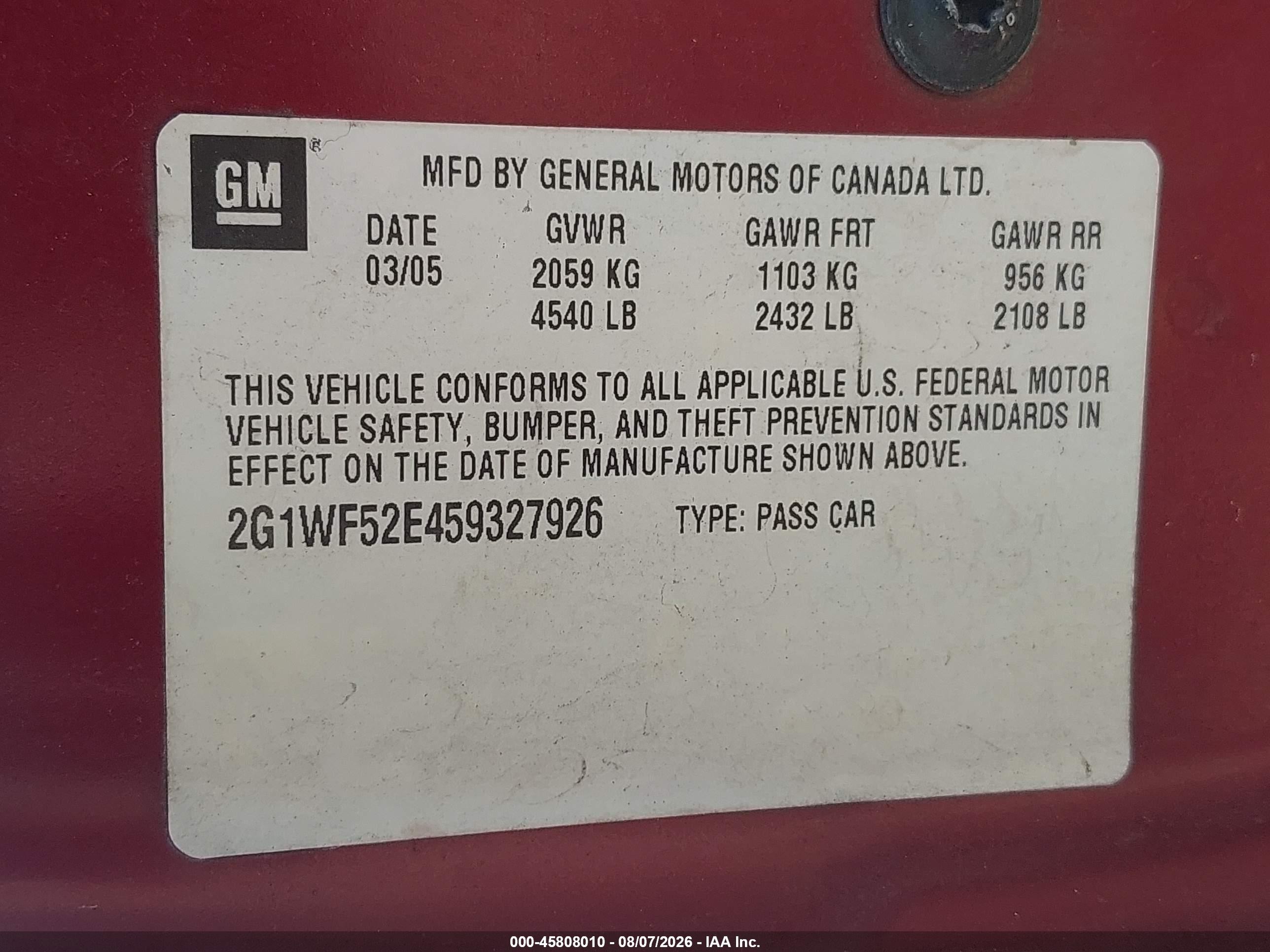 2005 Chevrolet Impala   Maroon vin: 2G1WF52E459327926