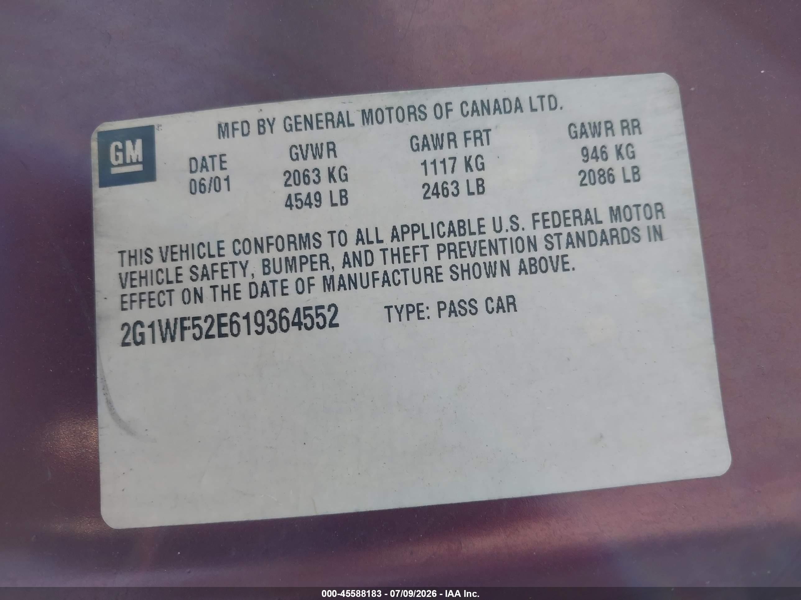 2001 Chevrolet Impala   Burgundy vin: 2G1WF52E619364552