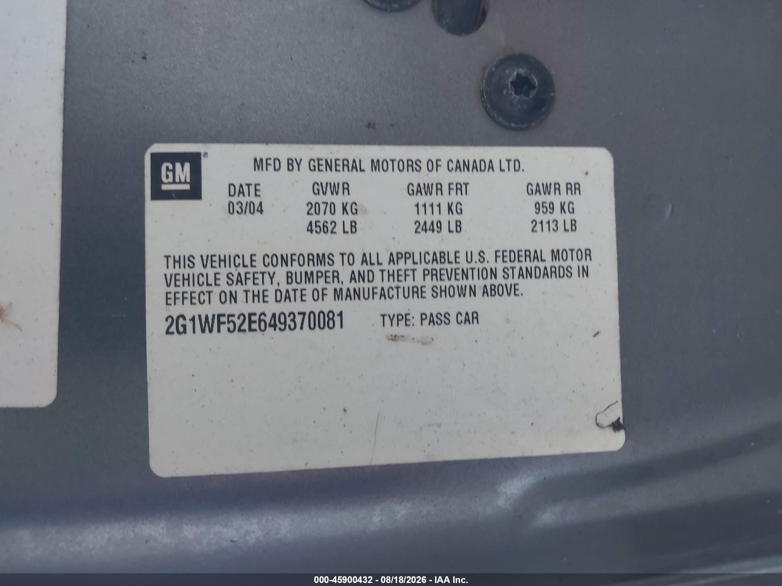 2004 Chevrolet Impala   Gray vin: 2G1WF52E649370081