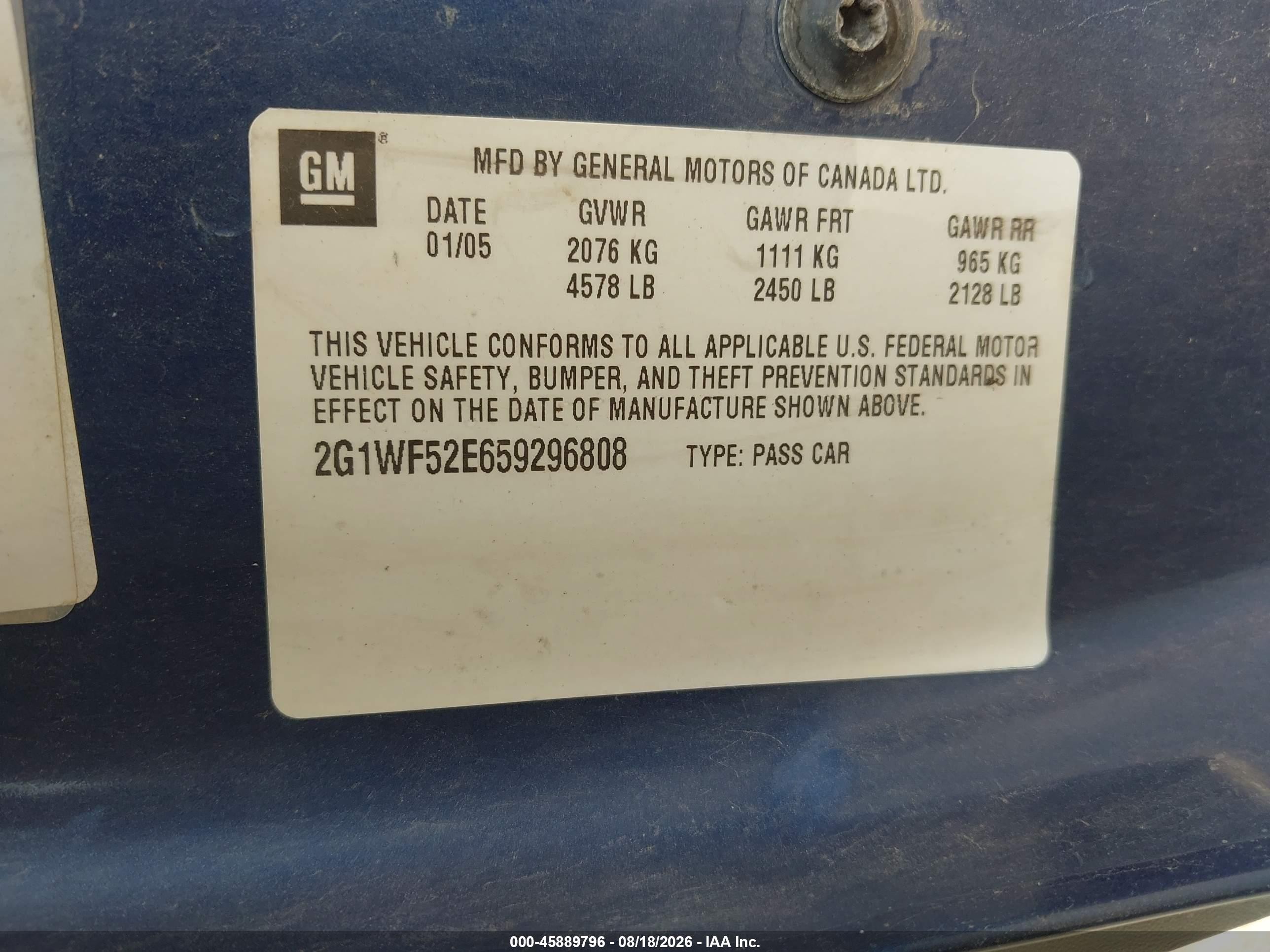 2005 Chevrolet Impala   Синий vin: 2G1WF52E659296808
