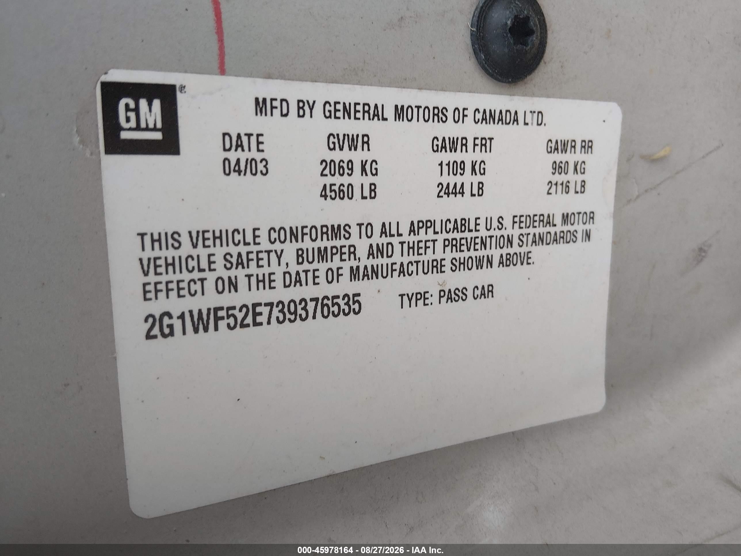 2003 Chevrolet Impala   Cream vin: 2G1WF52E739376535