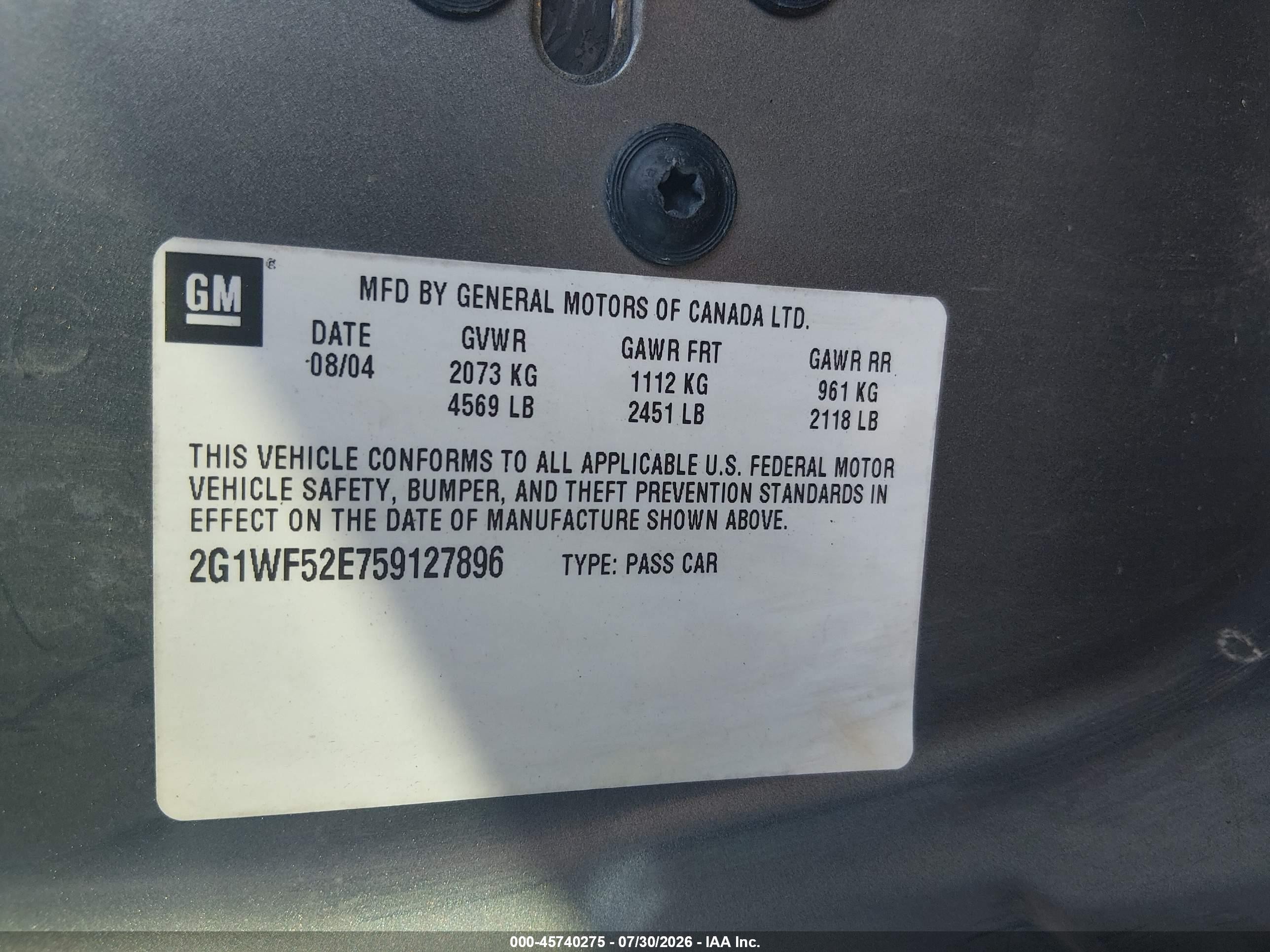 2005 Chevrolet Impala   Gray vin: 2G1WF52E759127896