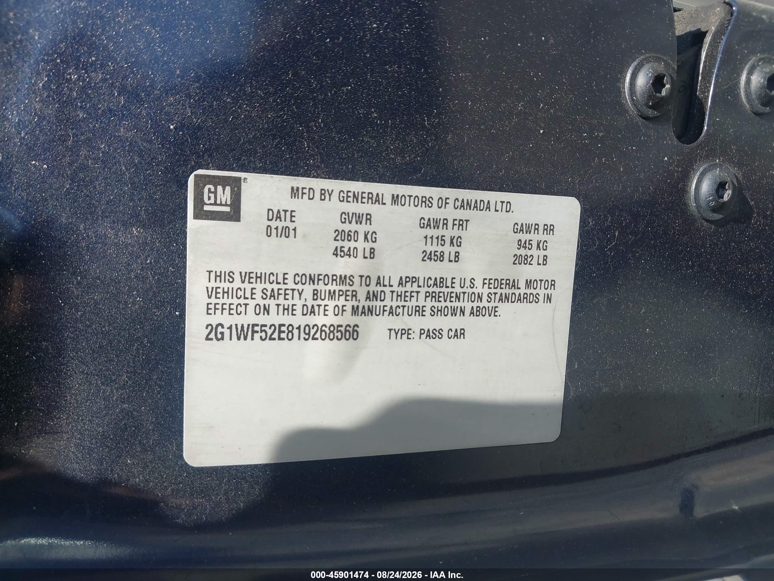 2001 Chevrolet Impala   Dark Blue vin: 2G1WF52E819268566