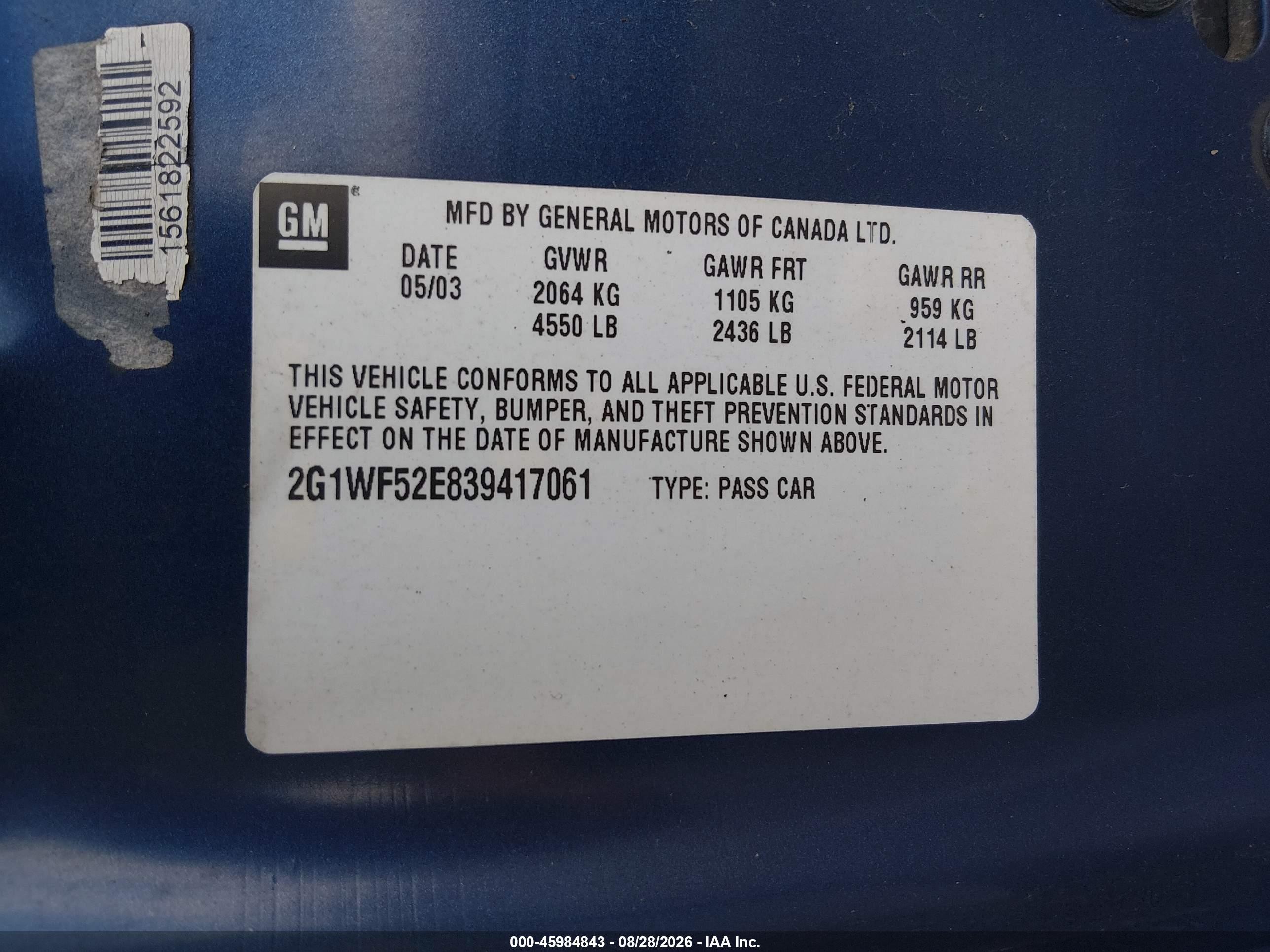 2003 Chevrolet Impala   Blue vin: 2G1WF52E839417061