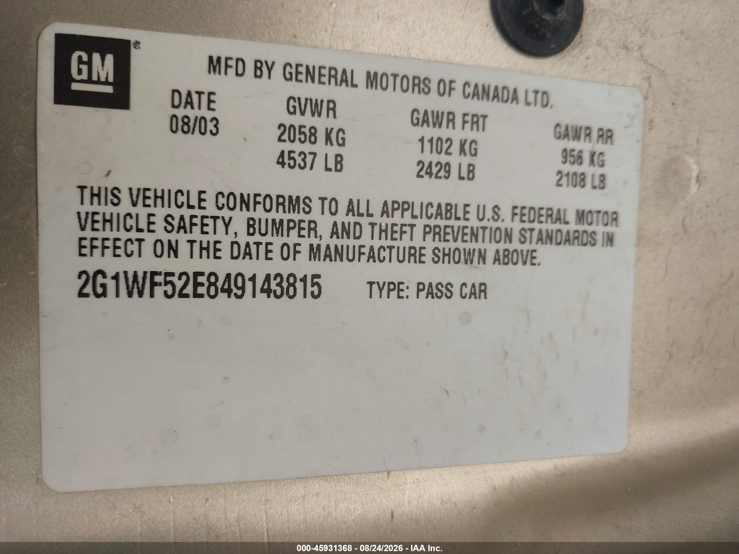 2004 Chevrolet Impala   Tan vin: 2G1WF52E849143815