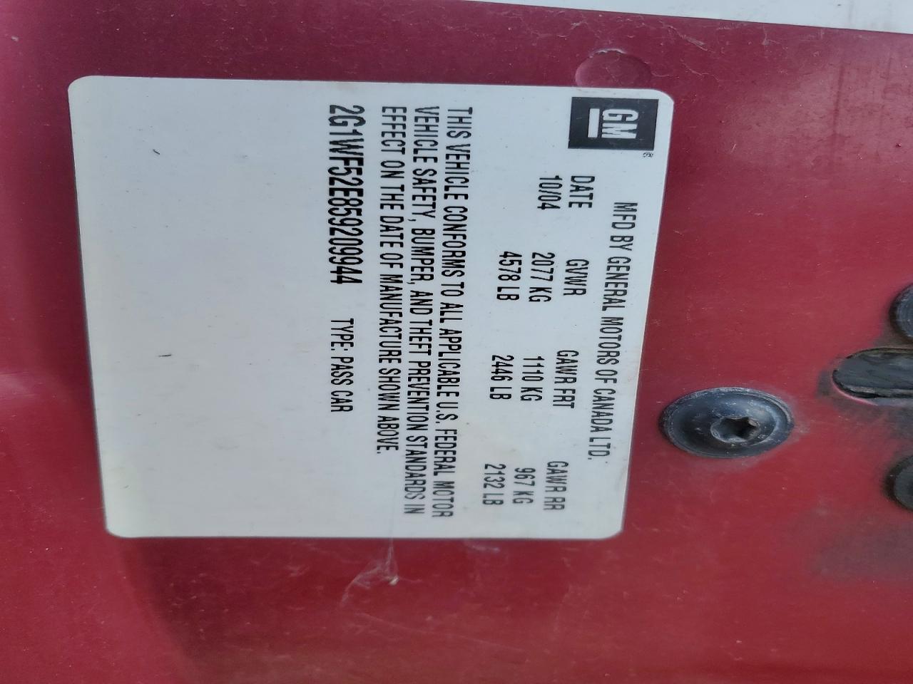 2005 Chevrolet Impala Burgundy vin: 2G1WF52E859209944