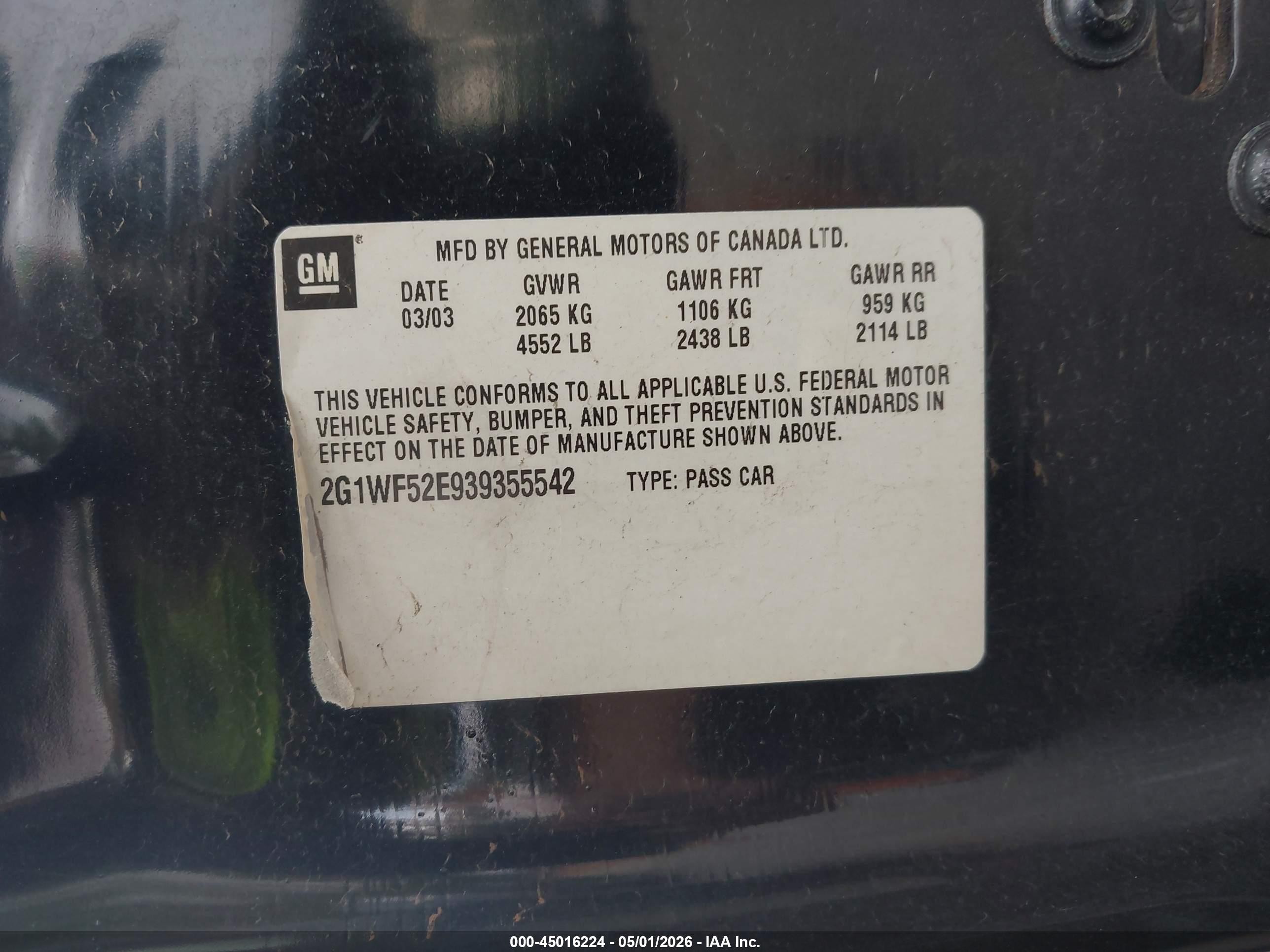 2003 Chevrolet Impala   Black vin: 2G1WF52E939355542
