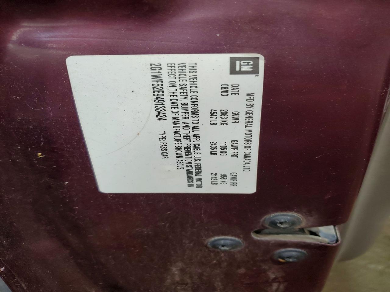 2004 Chevrolet Impala Purple vin: 2G1WF52E949133424