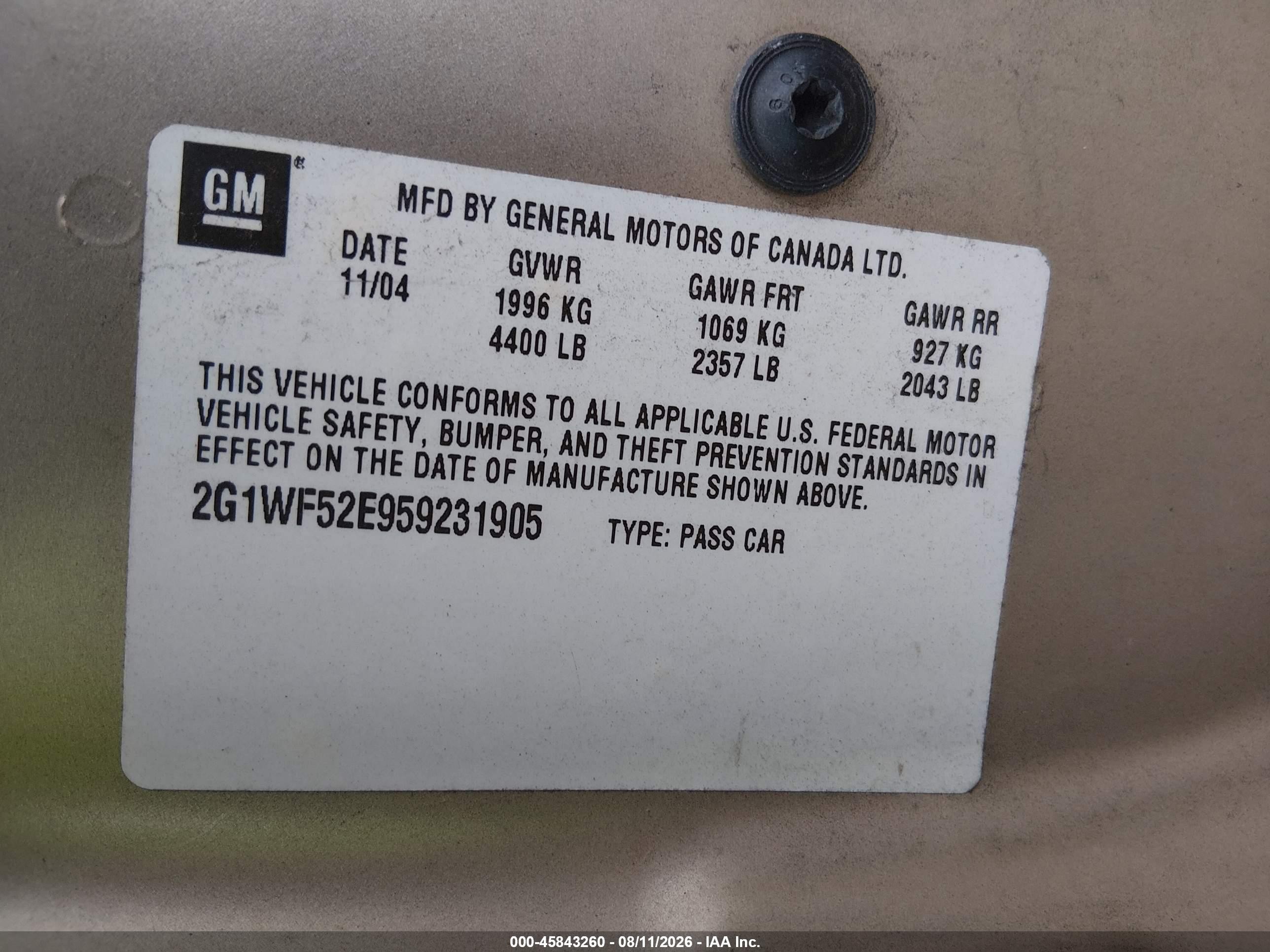 2005 Chevrolet Impala   Beige vin: 2G1WF52E959231905