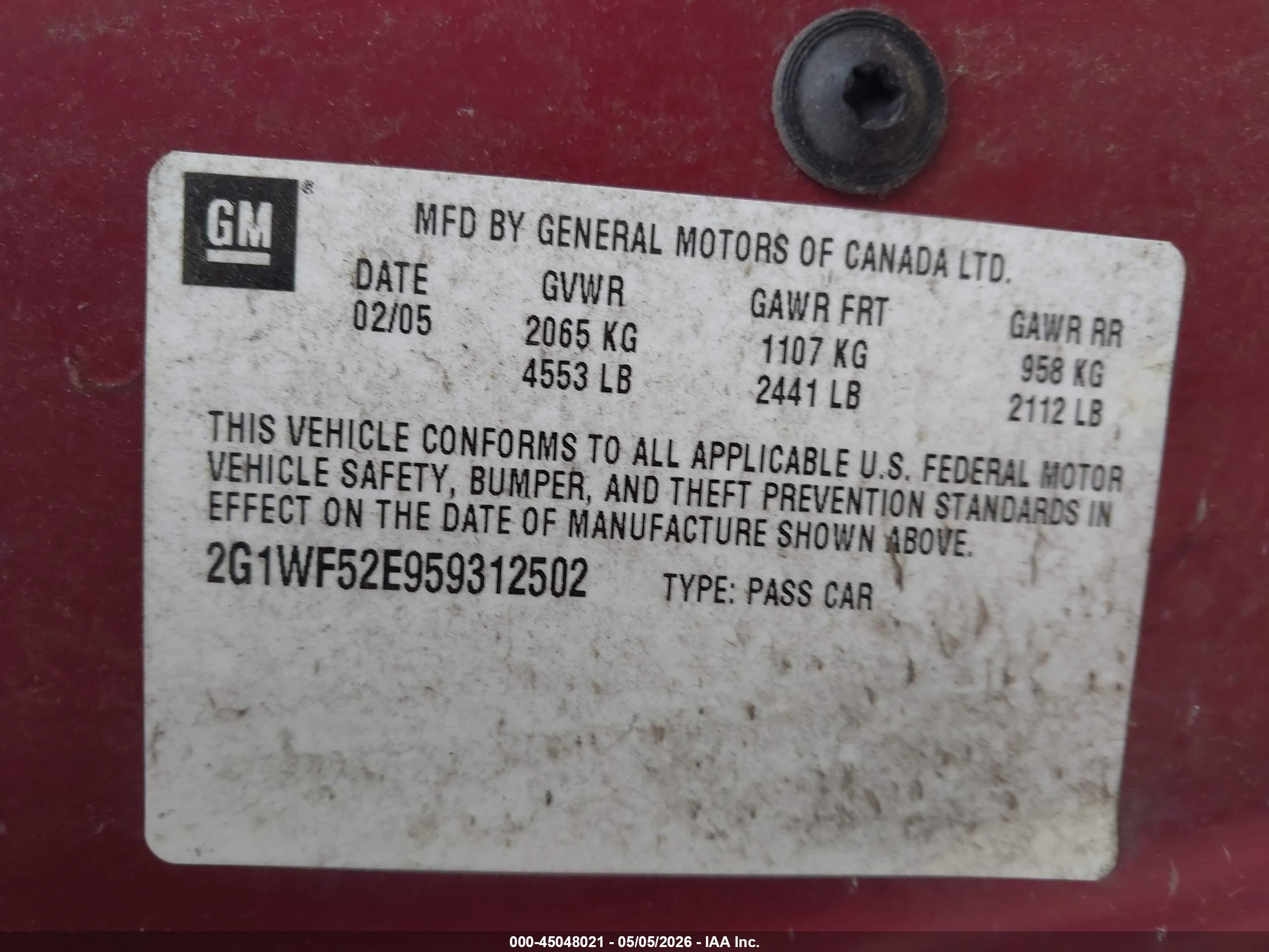 2005 Chevrolet Impala   Burgundy vin: 2G1WF52E959312502