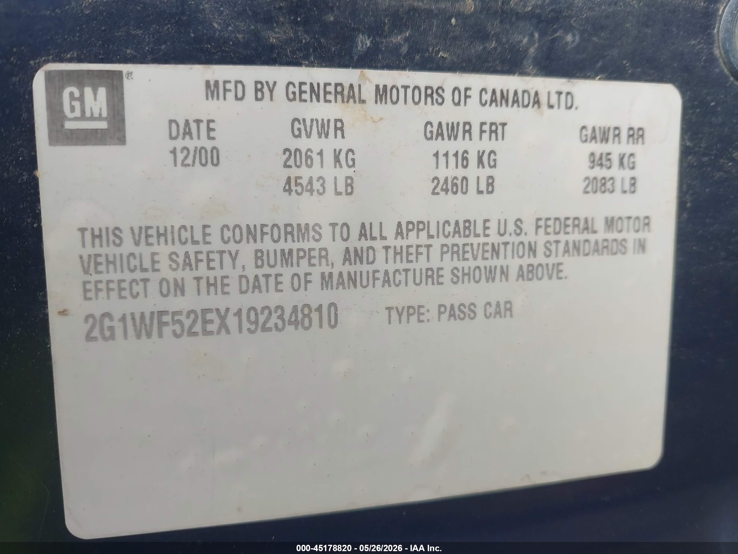 2001 Chevrolet Impala   Blue vin: 2G1WF52EX19234810