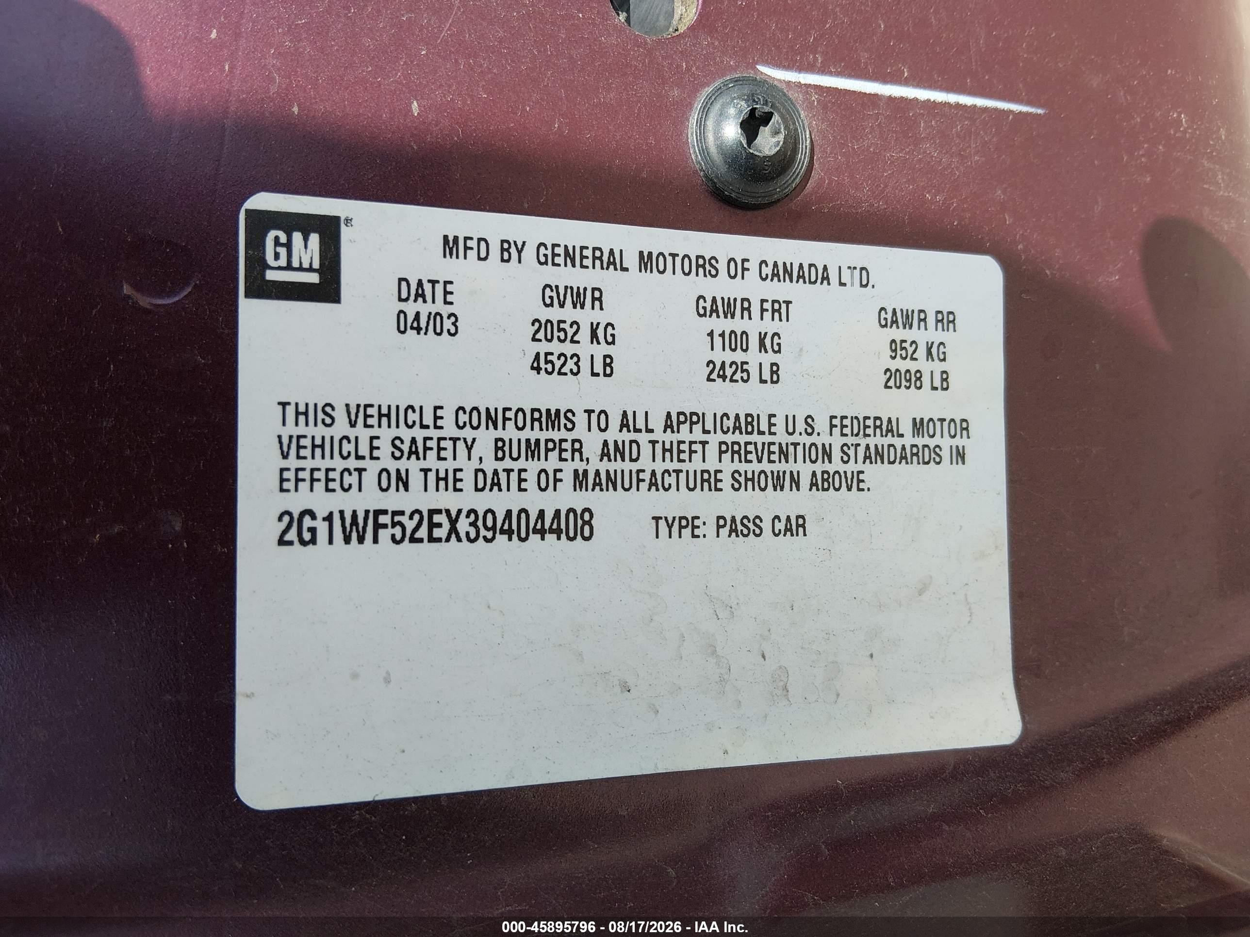 2003 Chevrolet Impala   Burgundy vin: 2G1WF52EX39404408