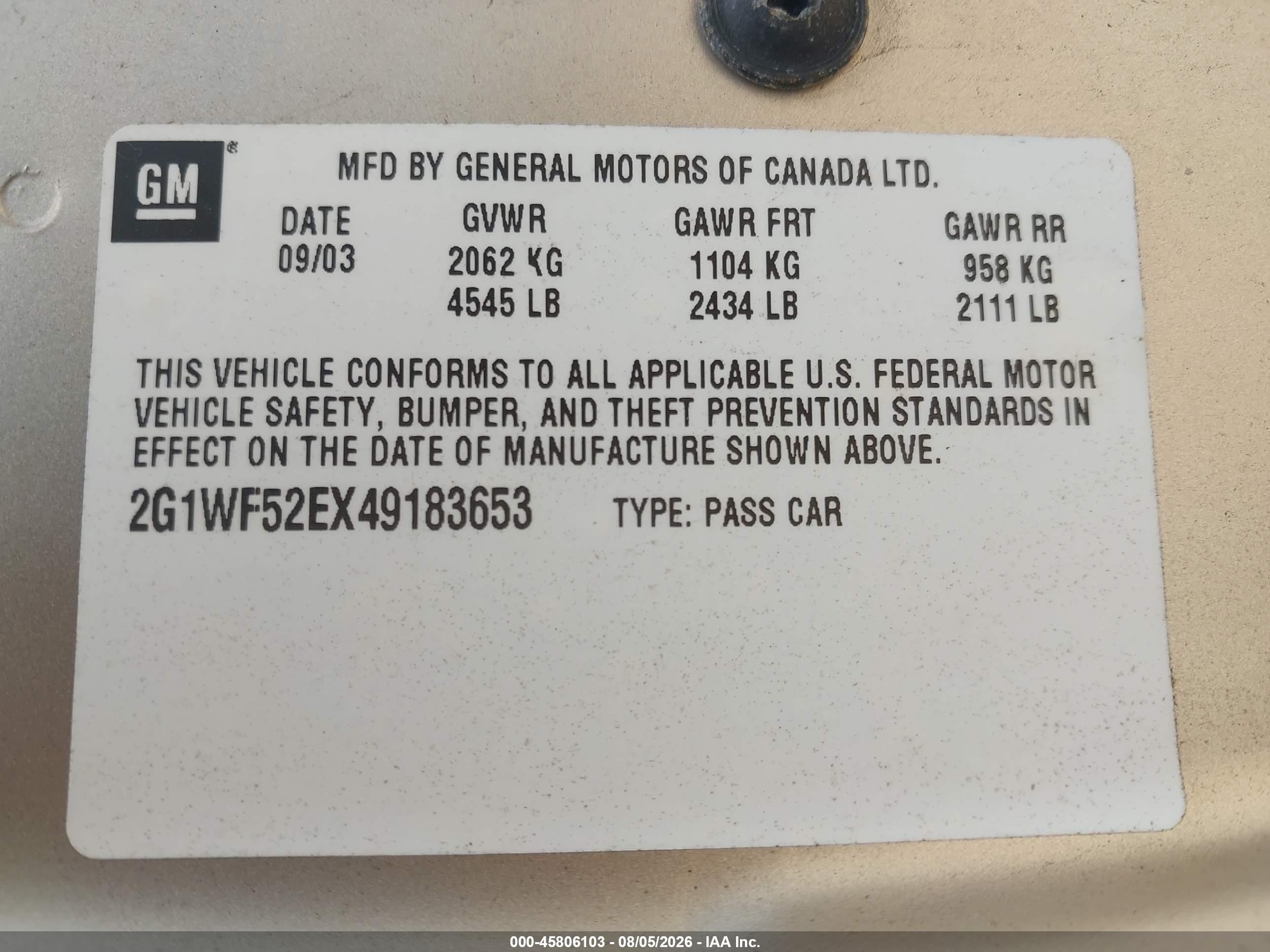 2004 Chevrolet Impala   Gold vin: 2G1WF52EX49183653