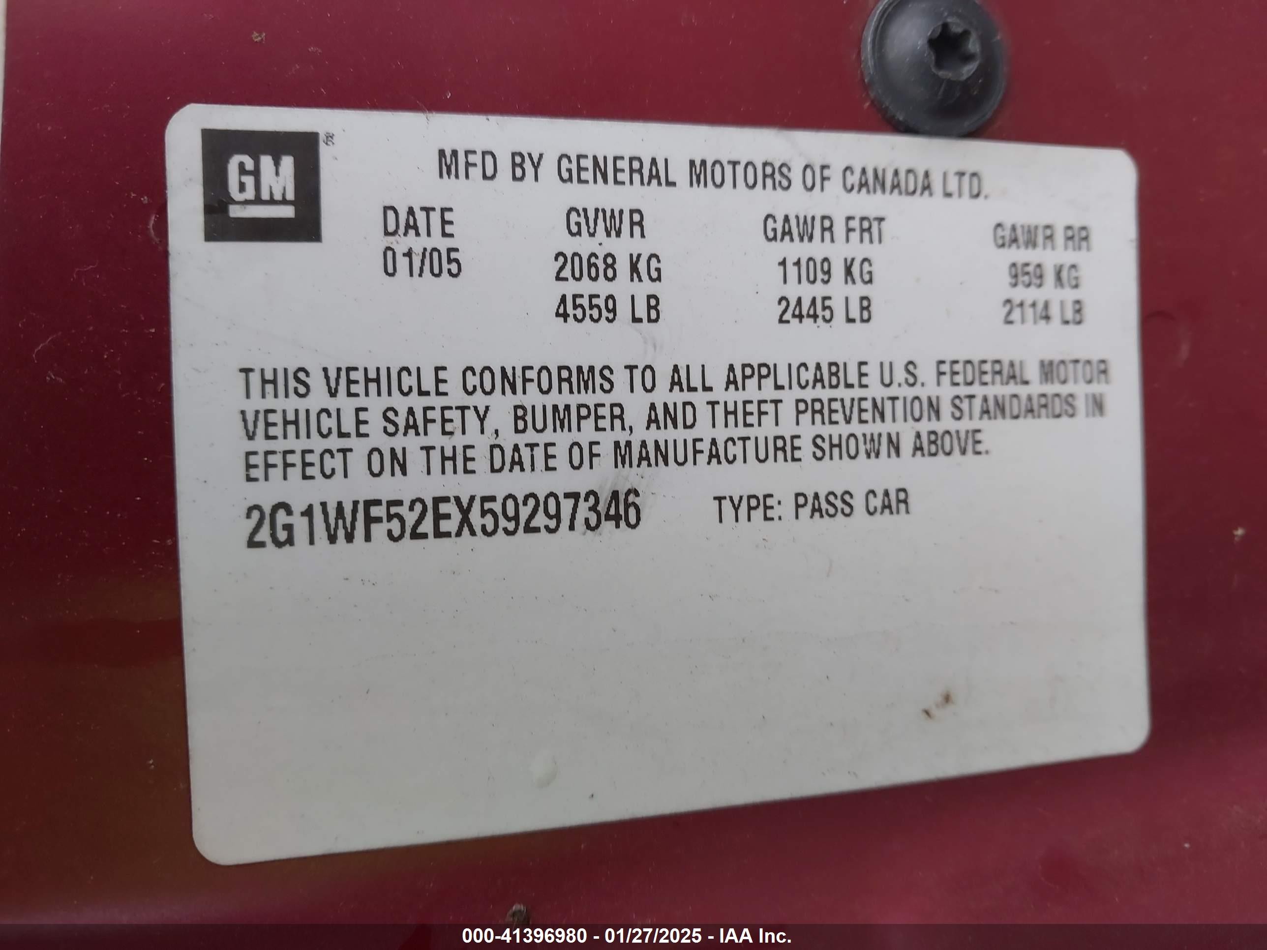 2005 Chevrolet Impala   Burgundy vin: 2G1WF52EX59297346
