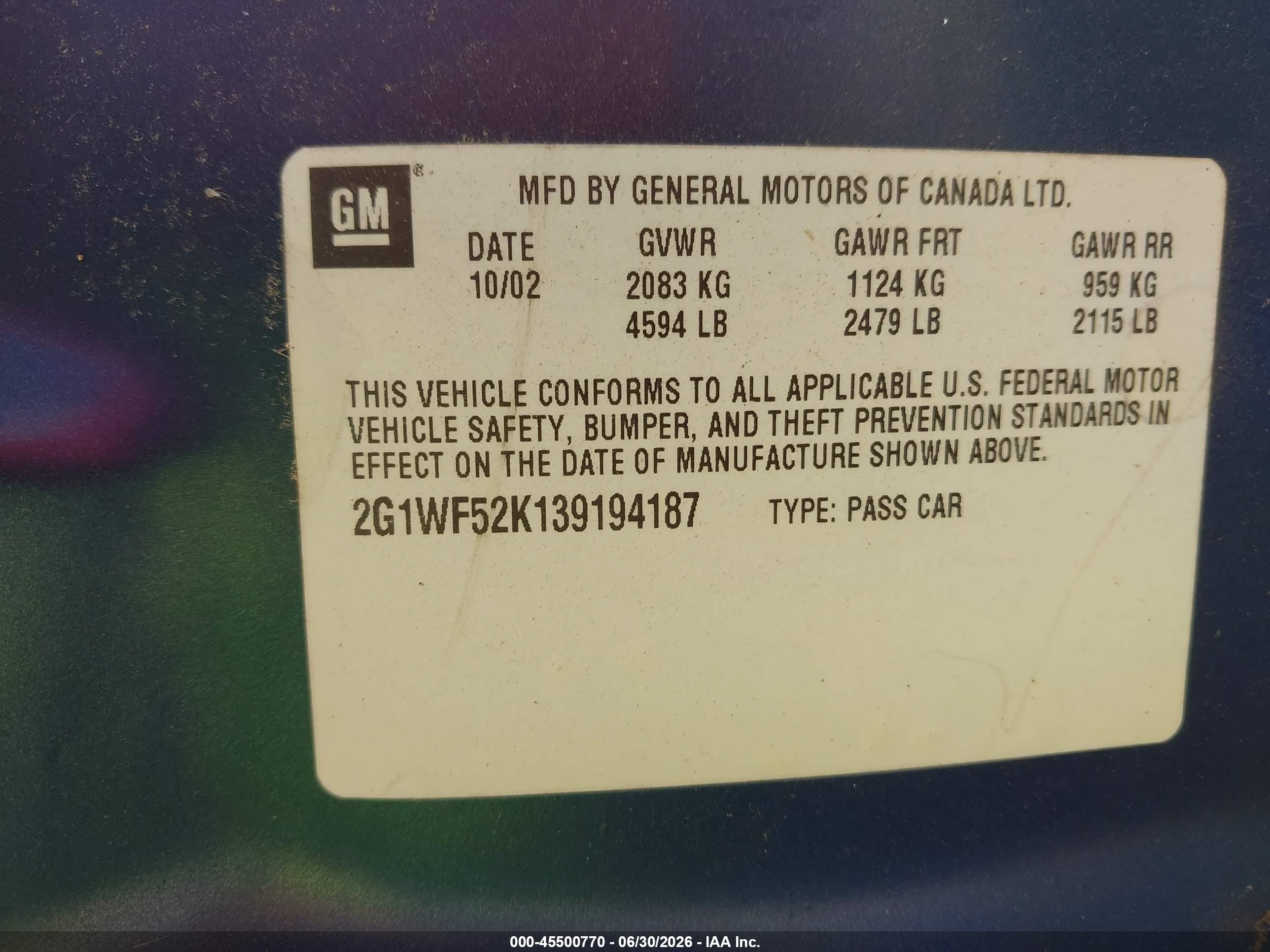 2003 Chevrolet Impala   Blue vin: 2G1WF52K139194187