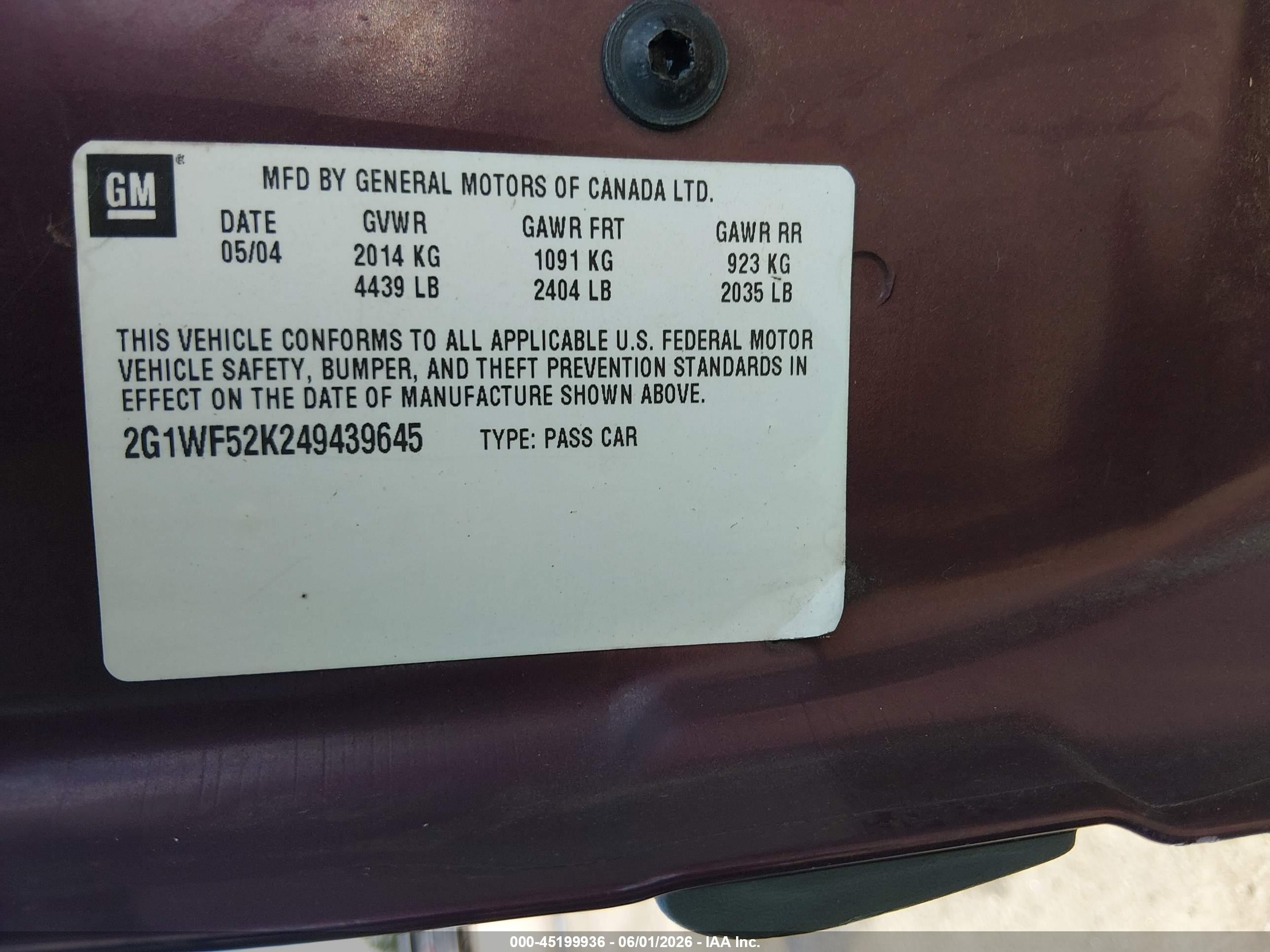 2004 Chevrolet Impala   Burgundy vin: 2G1WF52K249439645