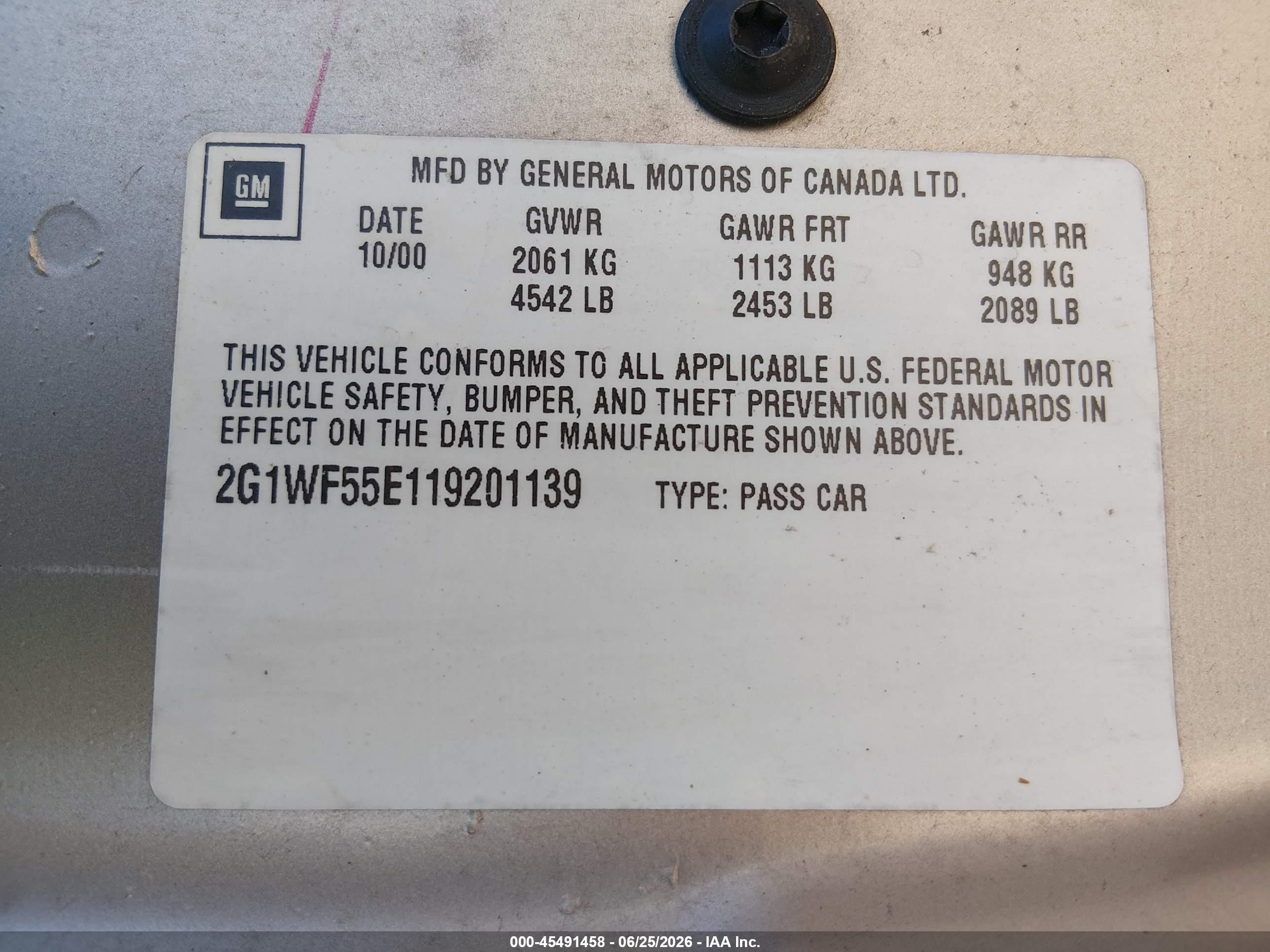 2001 Chevrolet Impala   Brown vin: 2G1WF55E119201139