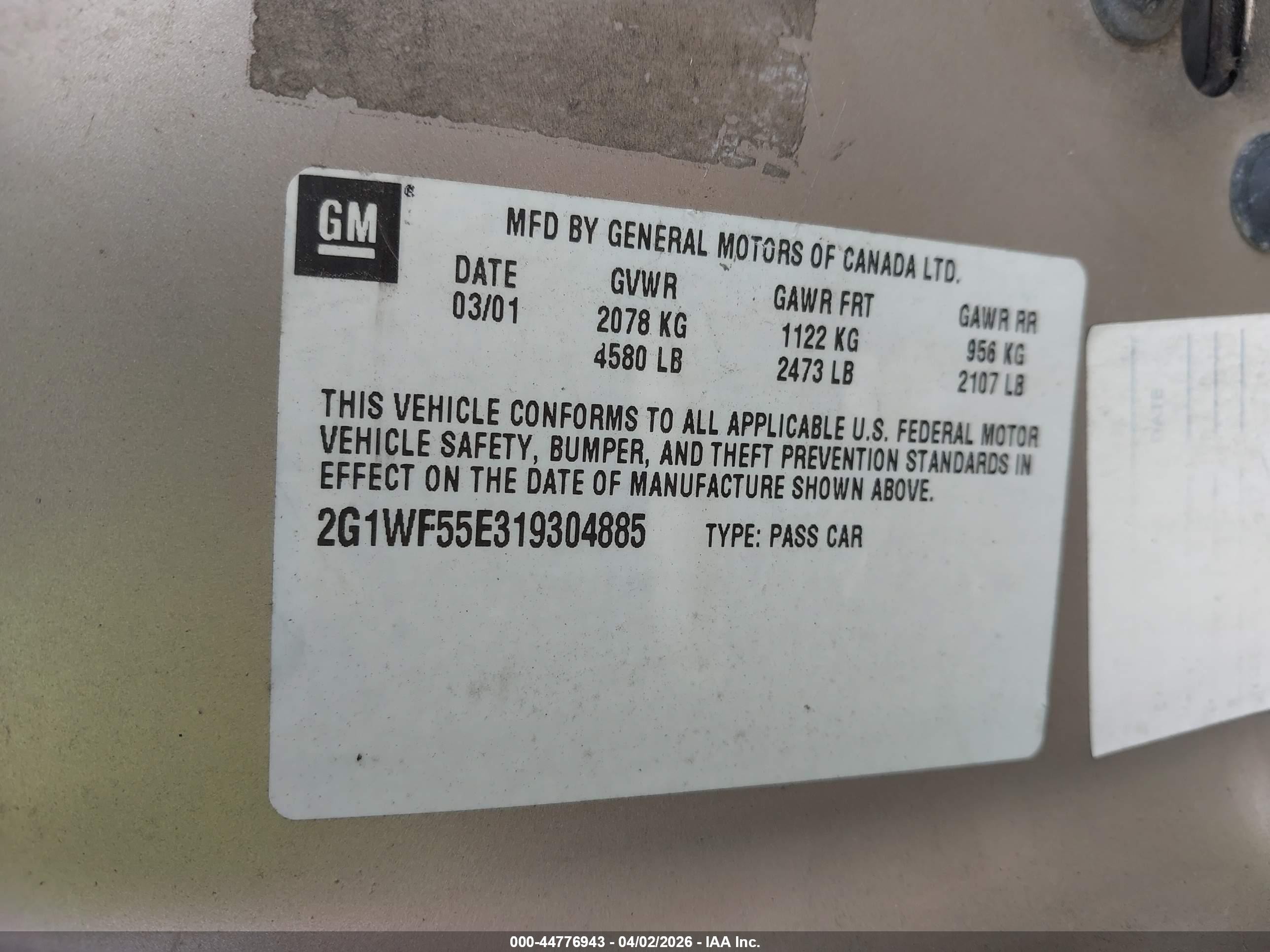 2001 Chevrolet Impala   Золотой vin: 2G1WF55E319304885