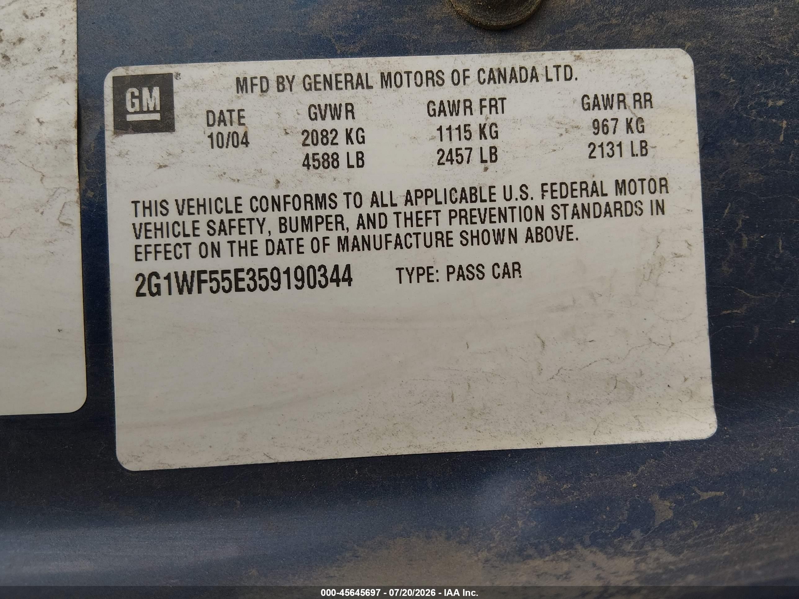 2005 Chevrolet Impala   Blue vin: 2G1WF55E359190344