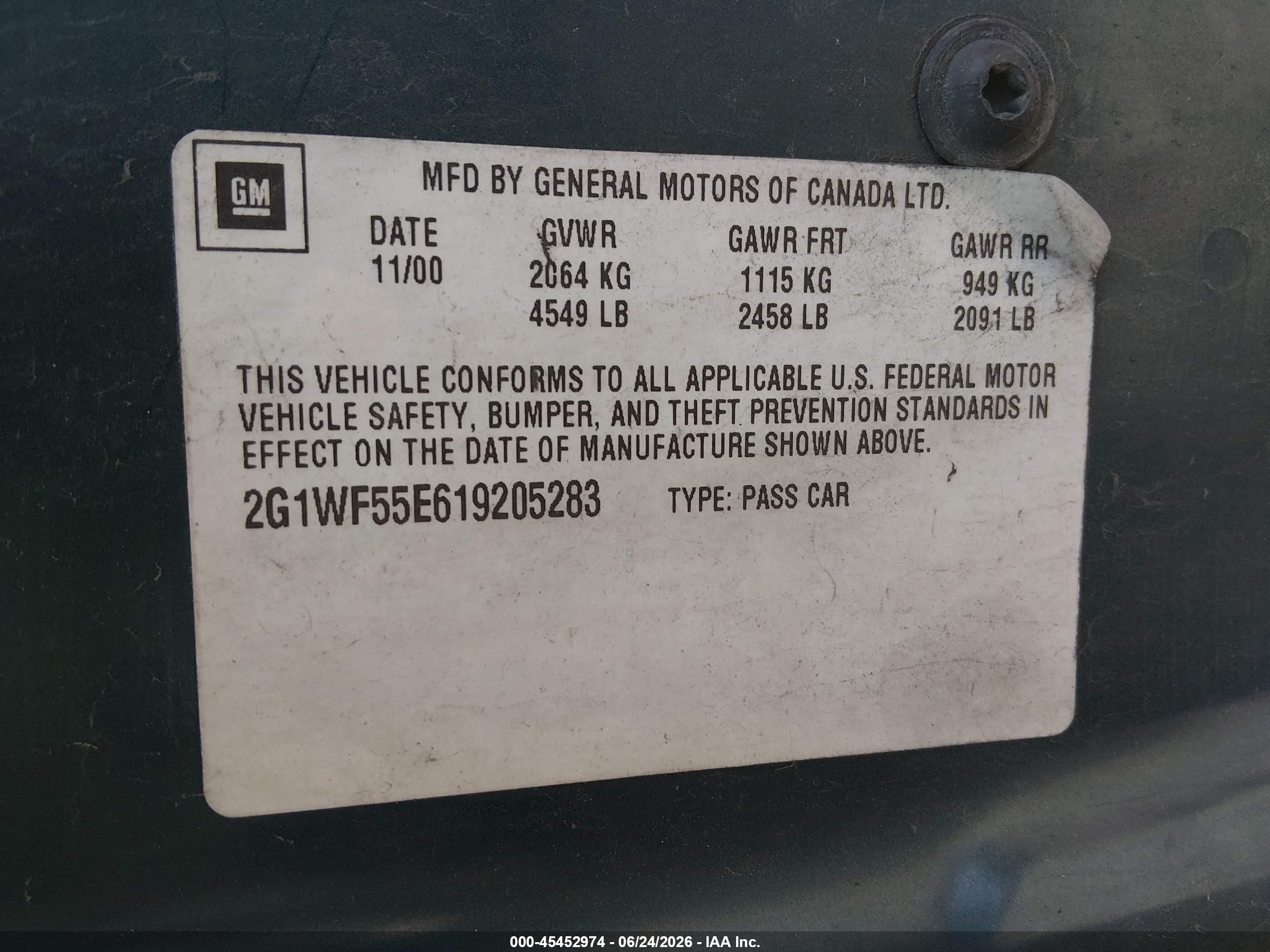 2001 Chevrolet Impala   Green vin: 2G1WF55E619205283