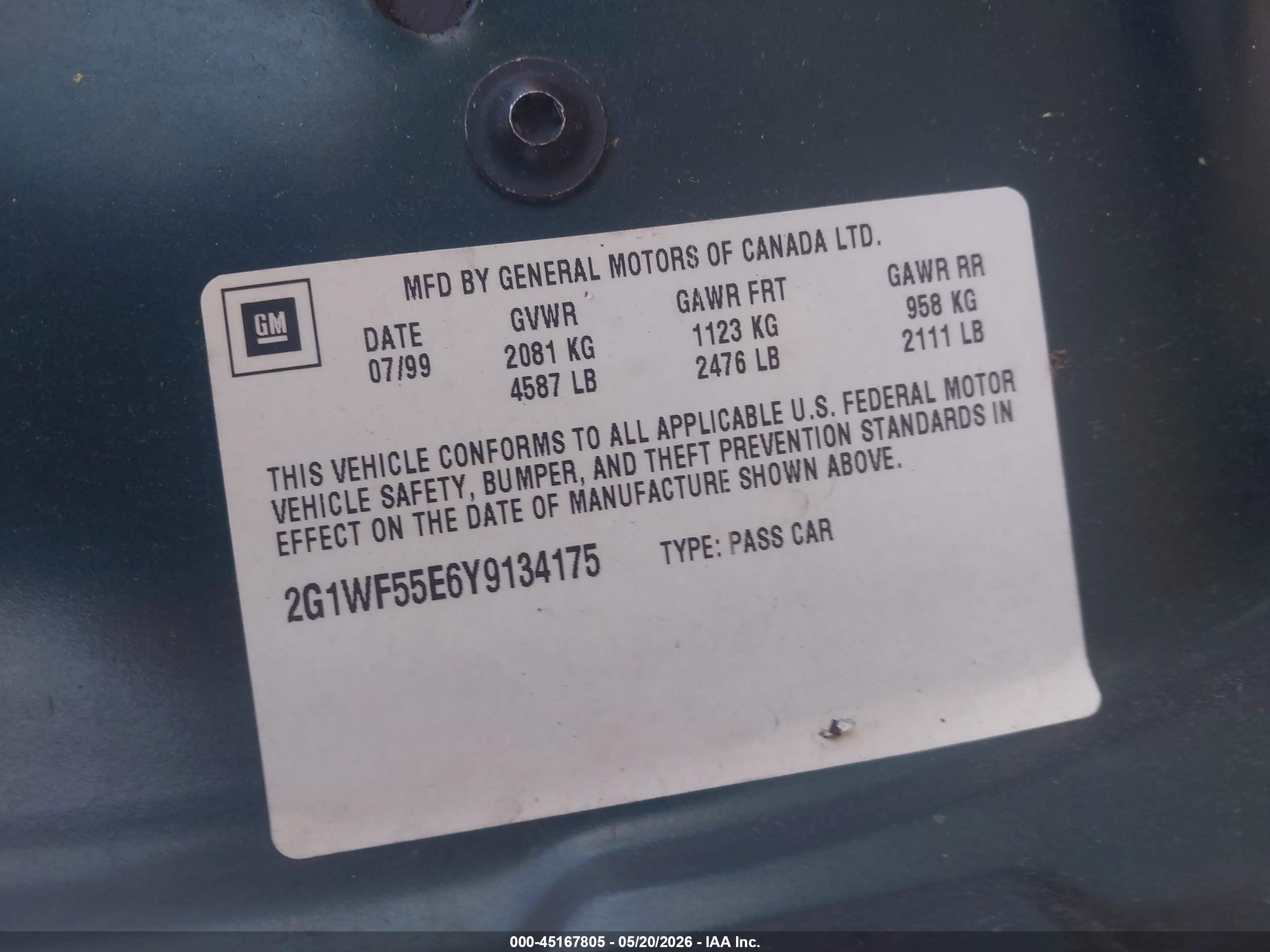 2000 Chevrolet Impala   Зеленый vin: 2G1WF55E6Y9134175