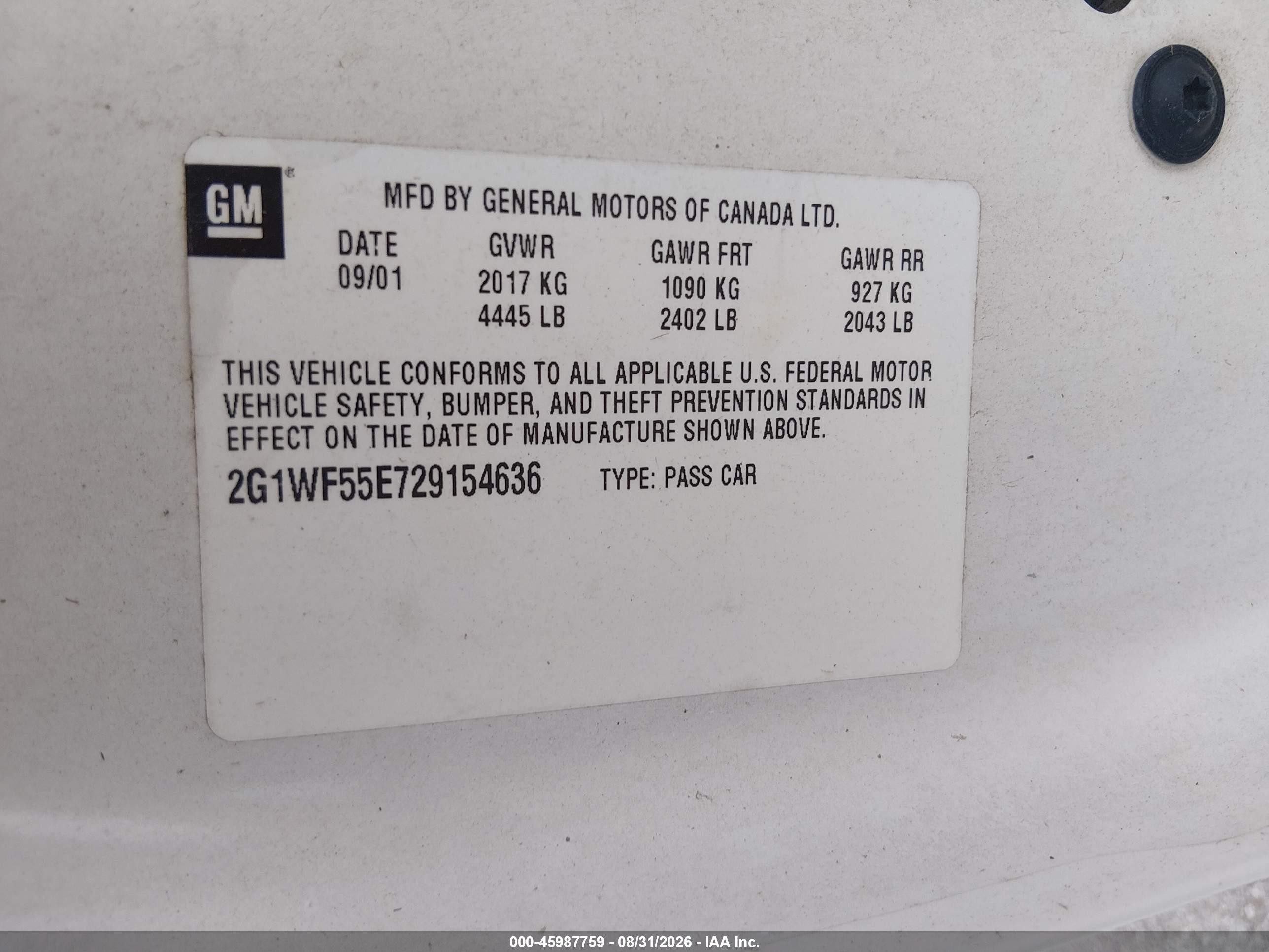 2002 Chevrolet Impala   White vin: 2G1WF55E729154636