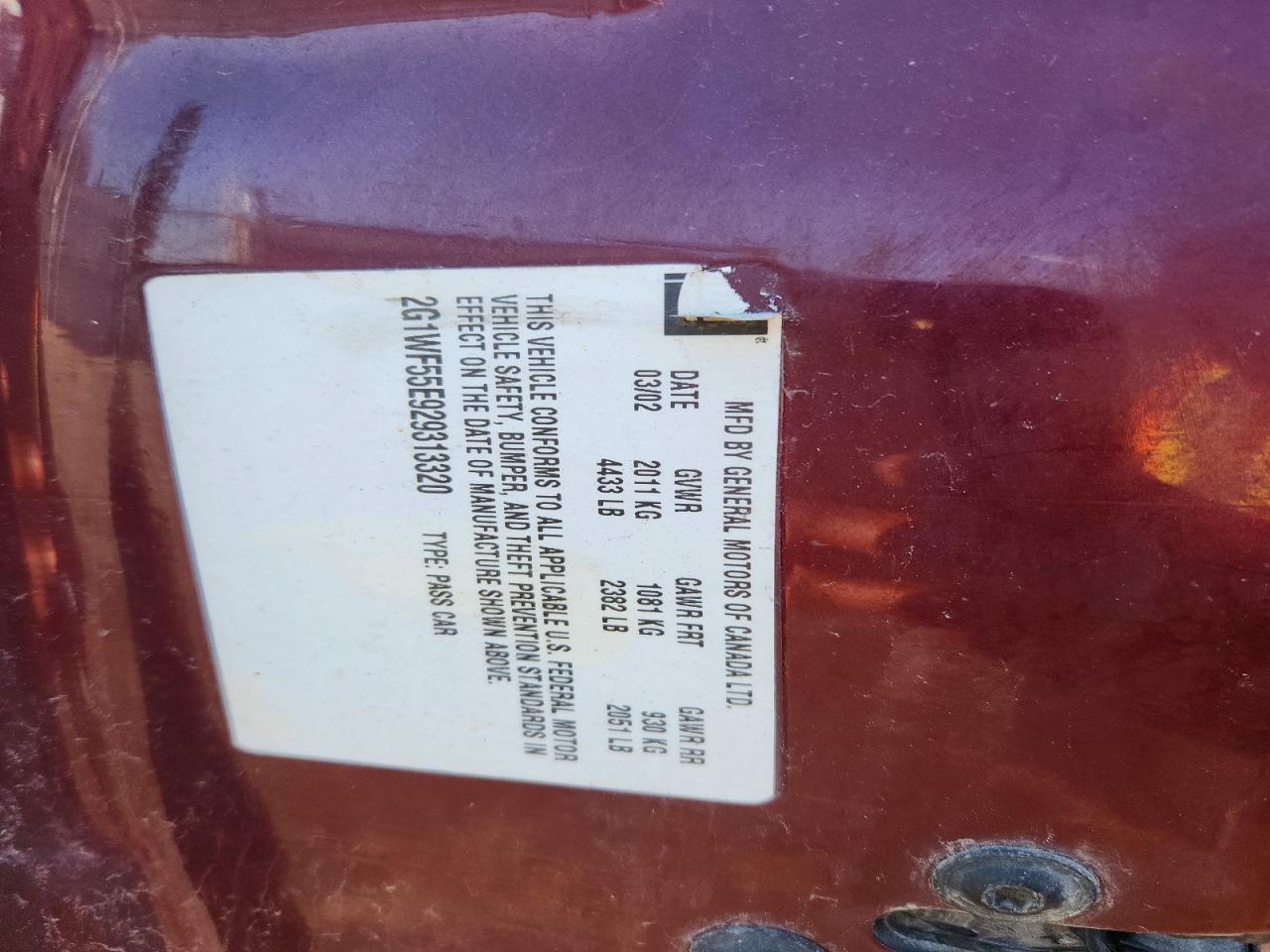 2002 Chevrolet Impala Burgundy vin: 2G1WF55E929313320