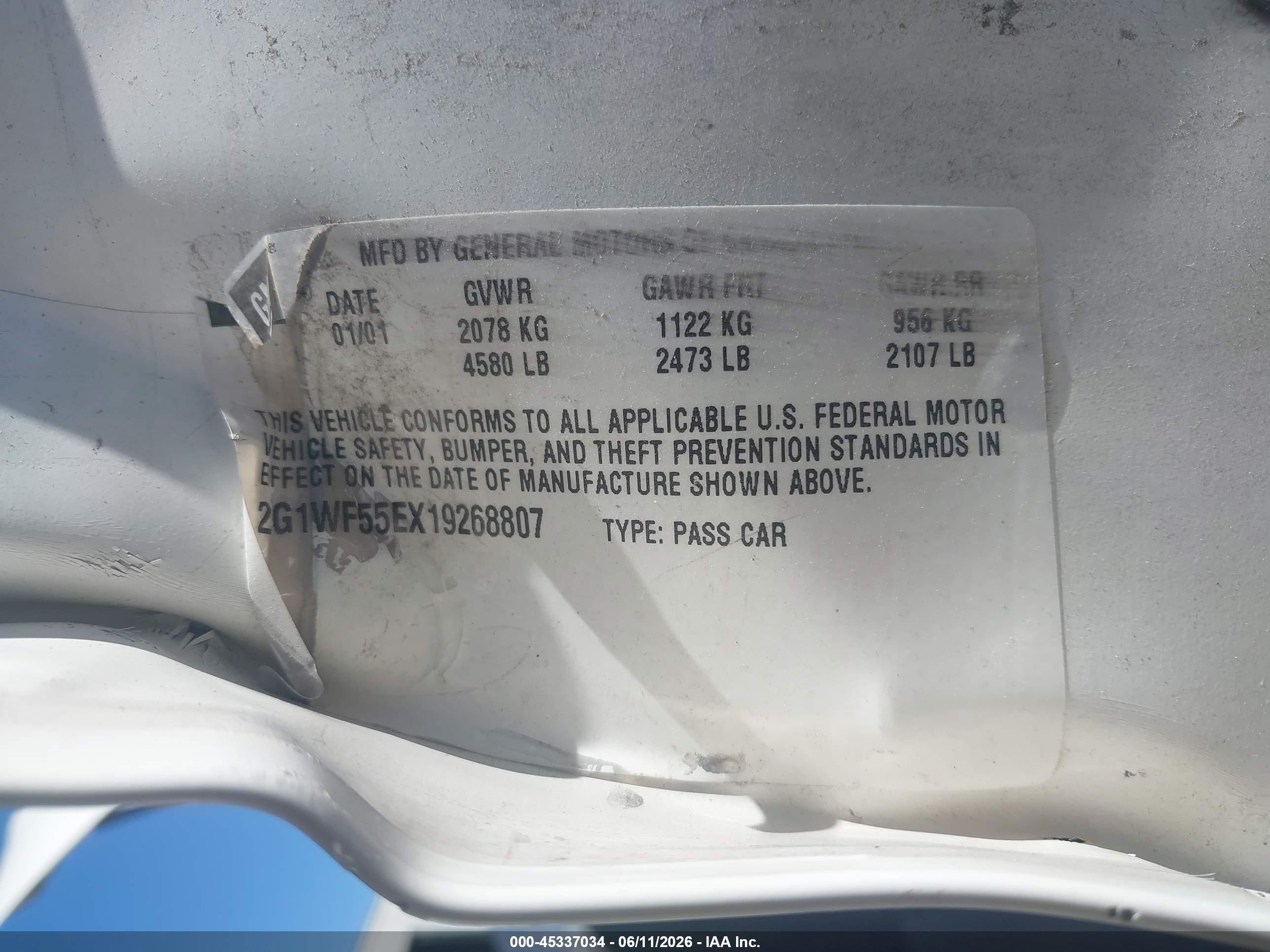 2001 Chevrolet Impala White vin: 2G1WF55EX19268807