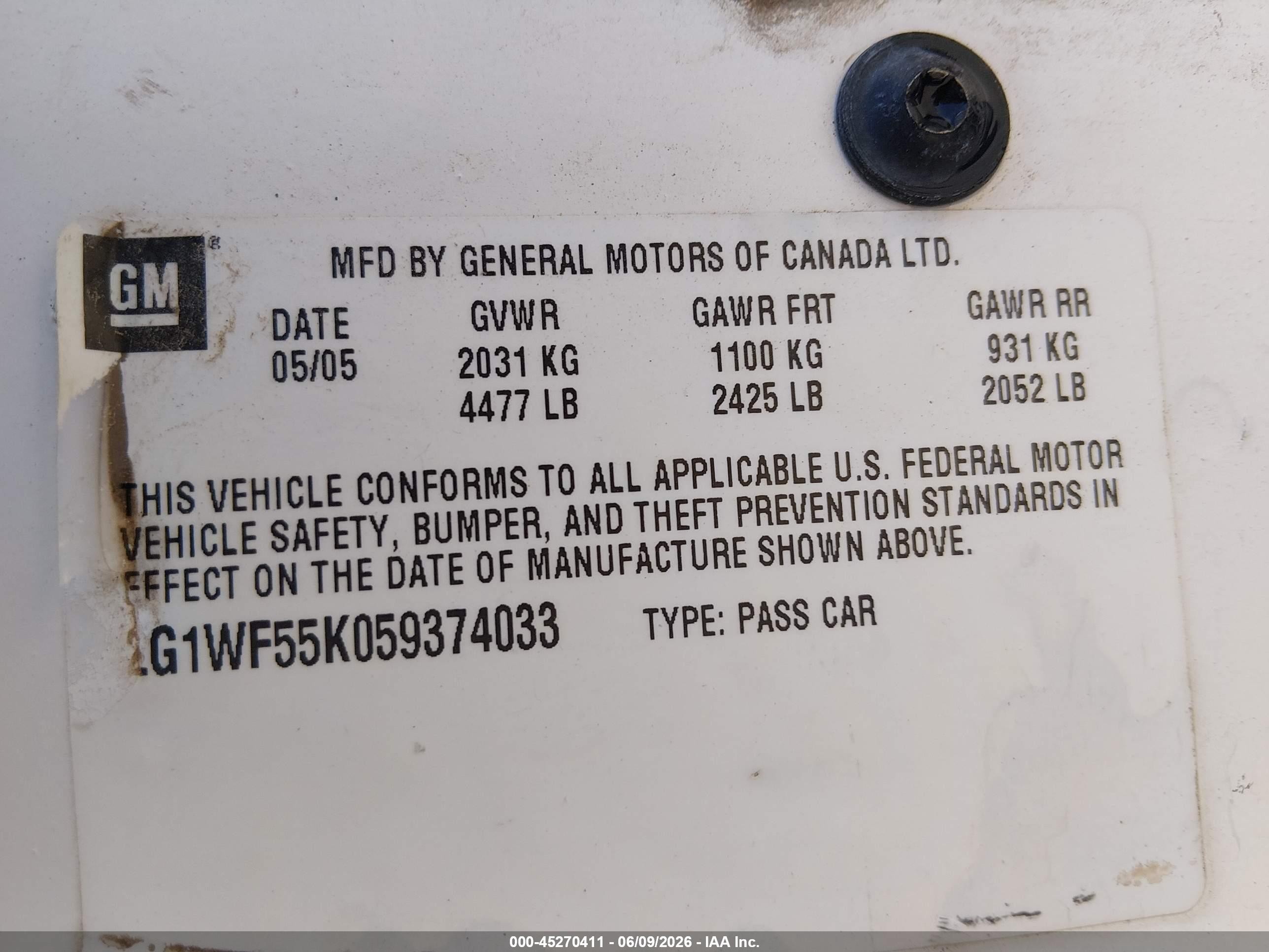 2005 Chevrolet Impala Police White vin: 2G1WF55K059374033