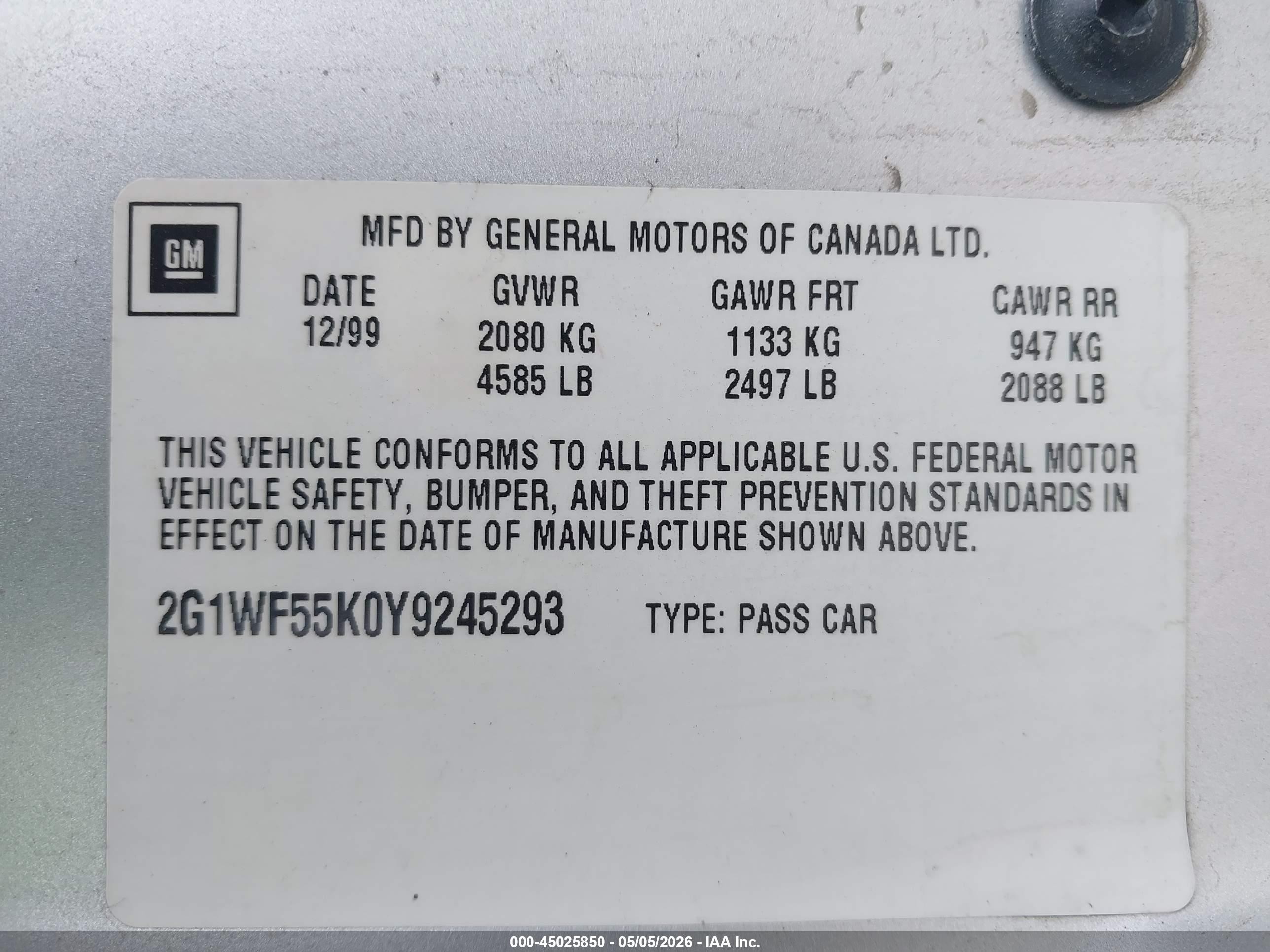 2000 Chevrolet Impala   Серебряный vin: 2G1WF55K0Y9245293