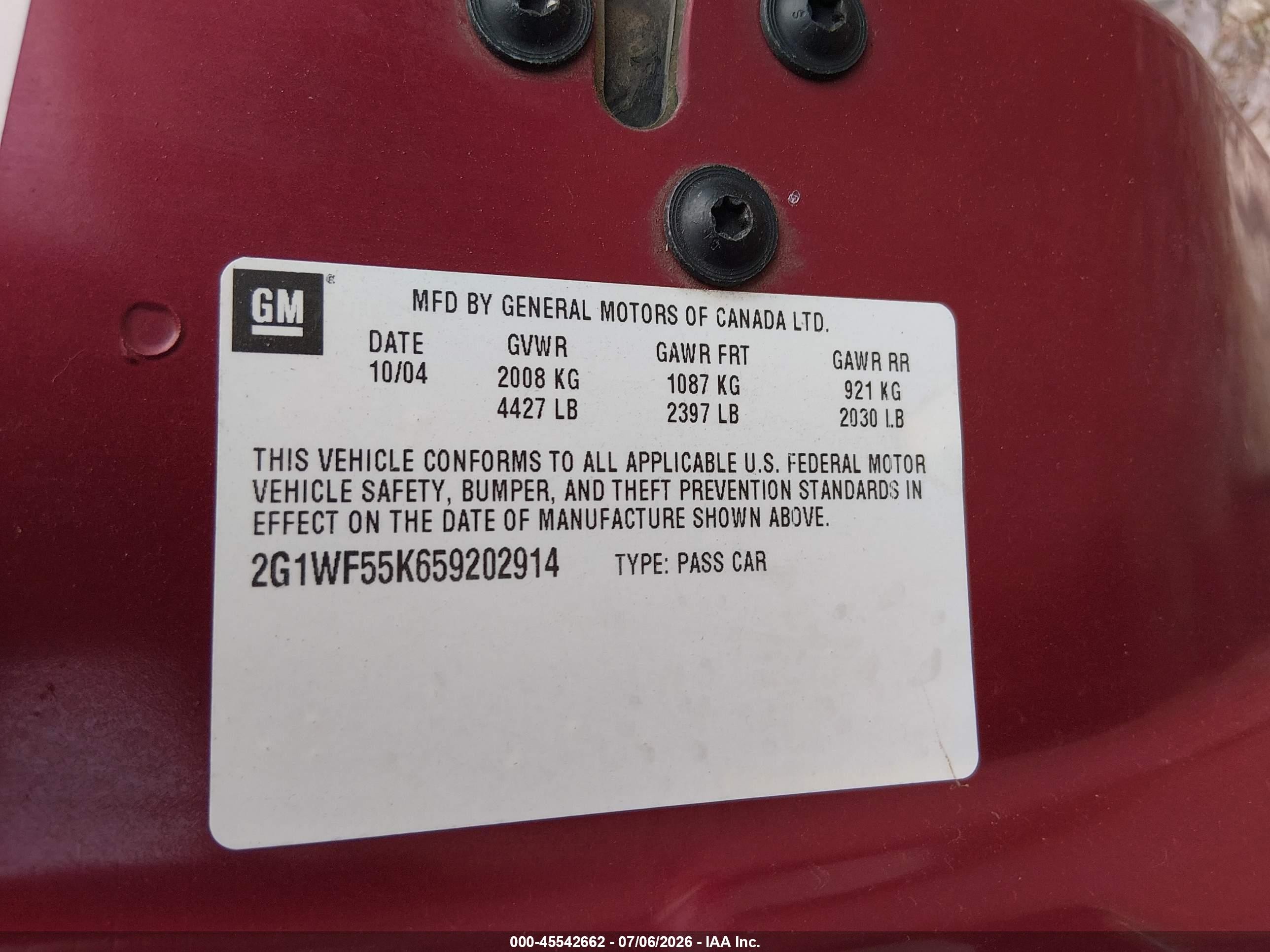 2005 Chevrolet Impala Police Red vin: 2G1WF55K659202914