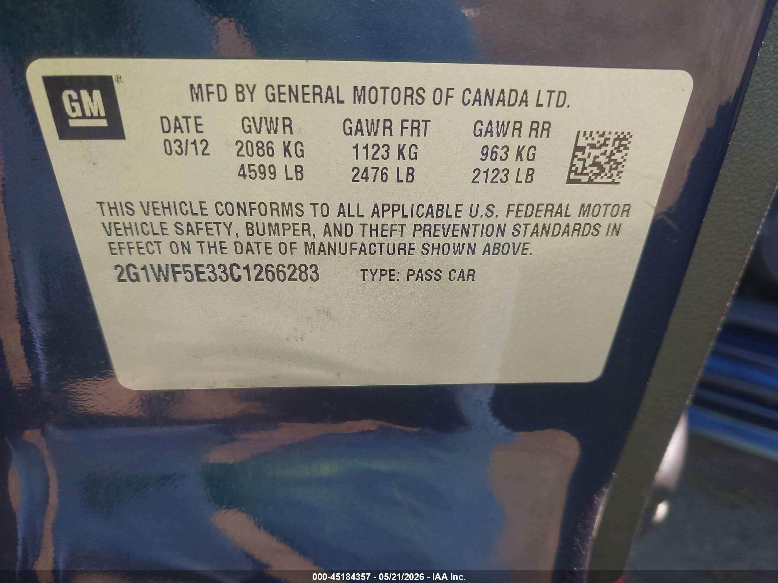 2012 Chevrolet Impala Ls Blue vin: 2G1WF5E33C1266283