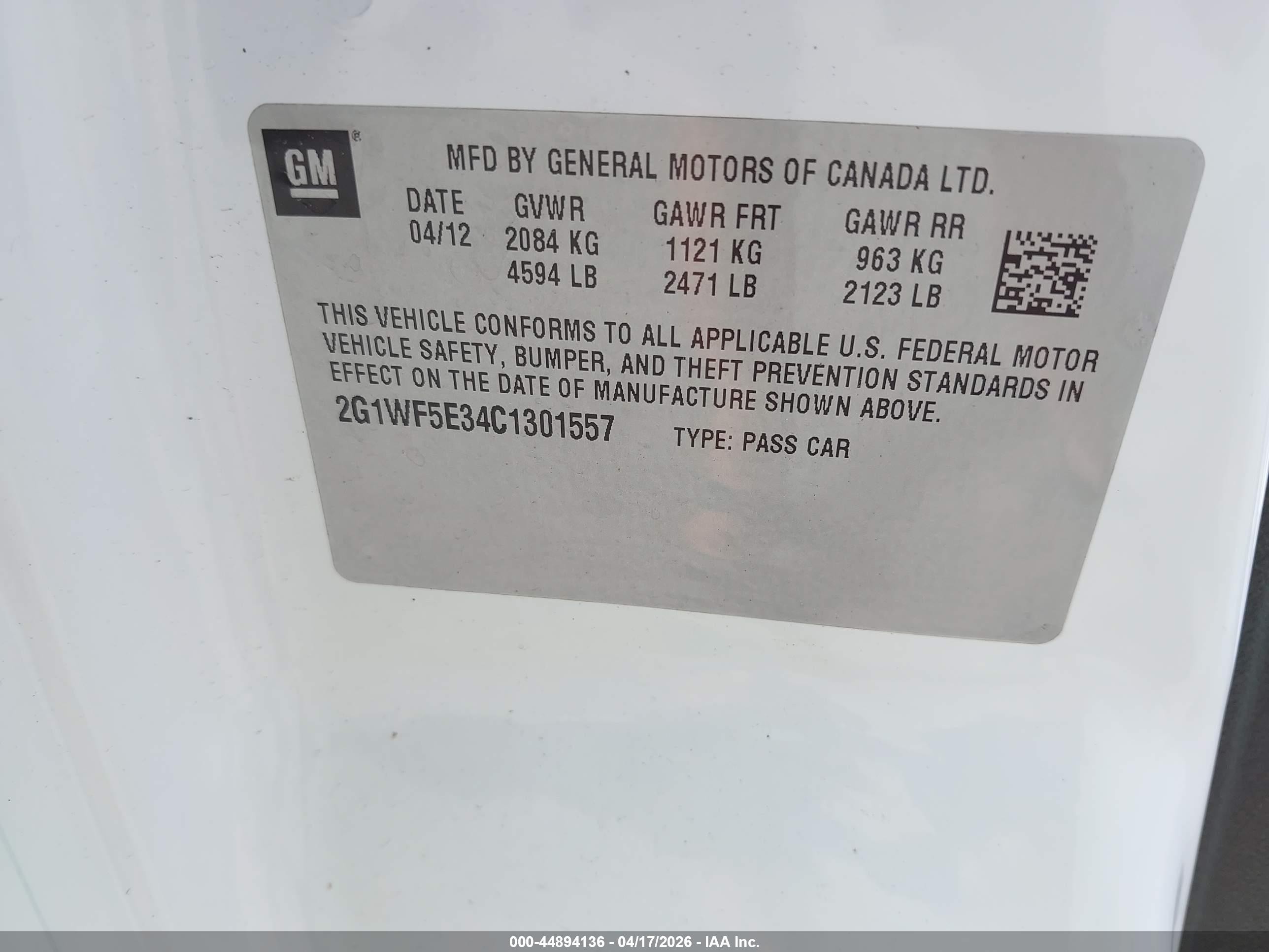2012 Chevrolet Impala Ls White vin: 2G1WF5E34C1301557
