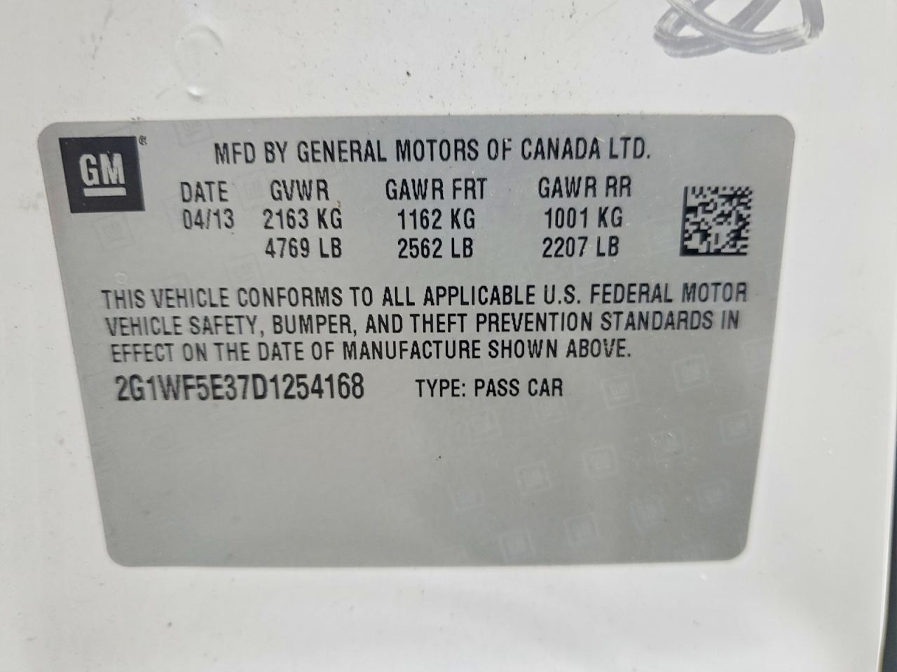 2013 Chevrolet Impala Ls White vin: 2G1WF5E37D1254168
