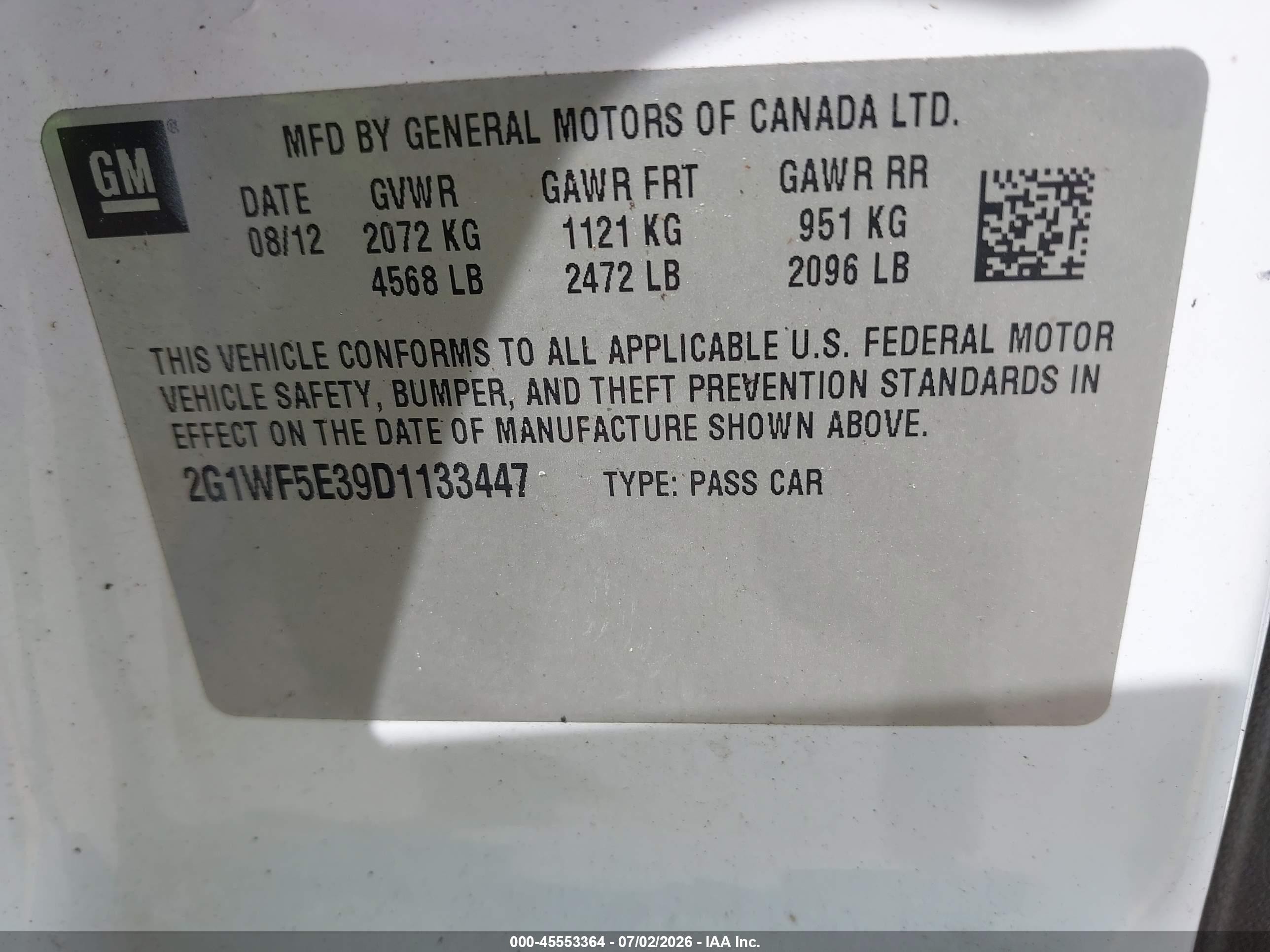 2013 Chevrolet Impala Ls White vin: 2G1WF5E39D1133447
