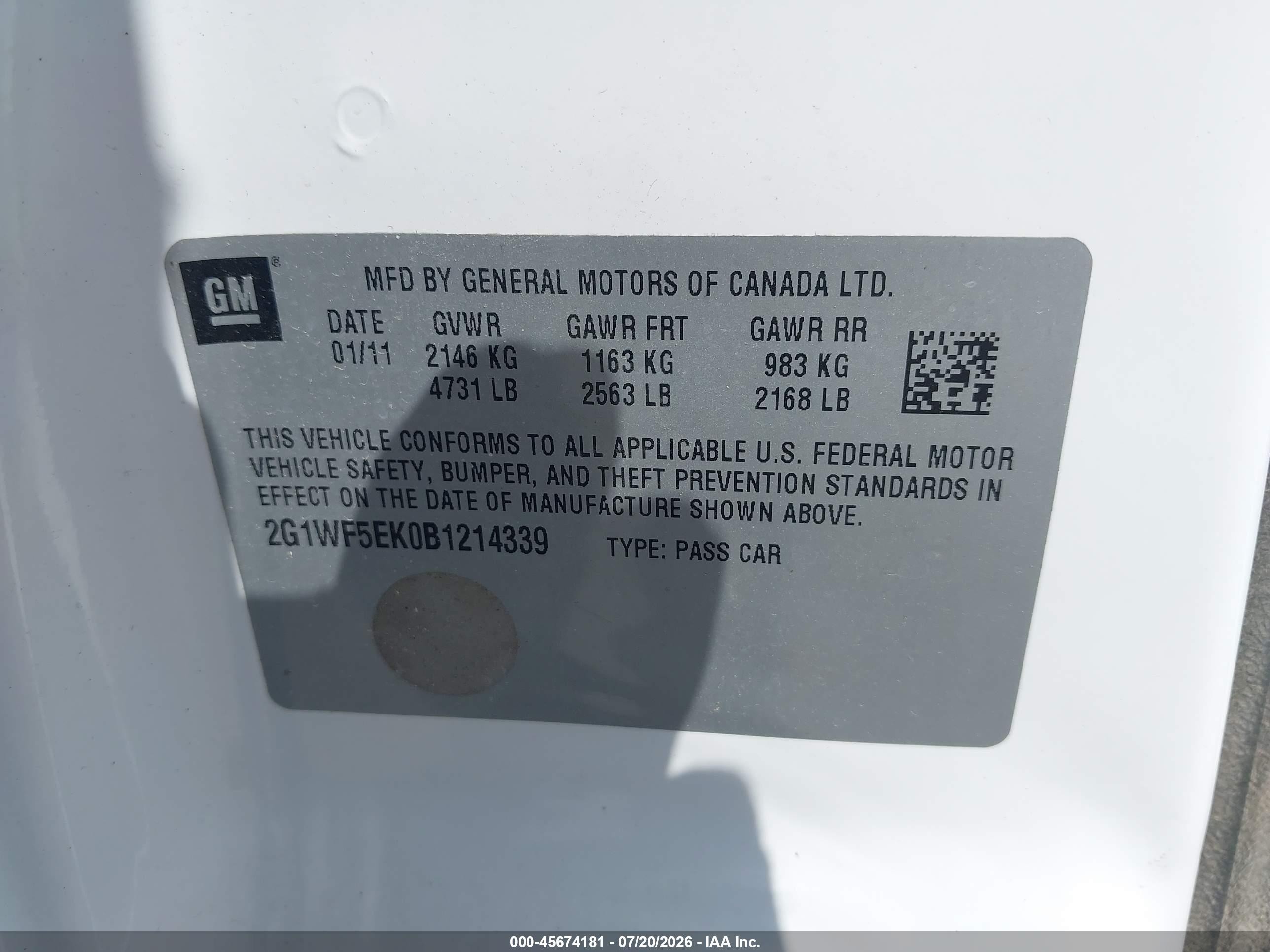 2011 Chevrolet Impala Ls White vin: 2G1WF5EK0B1214339