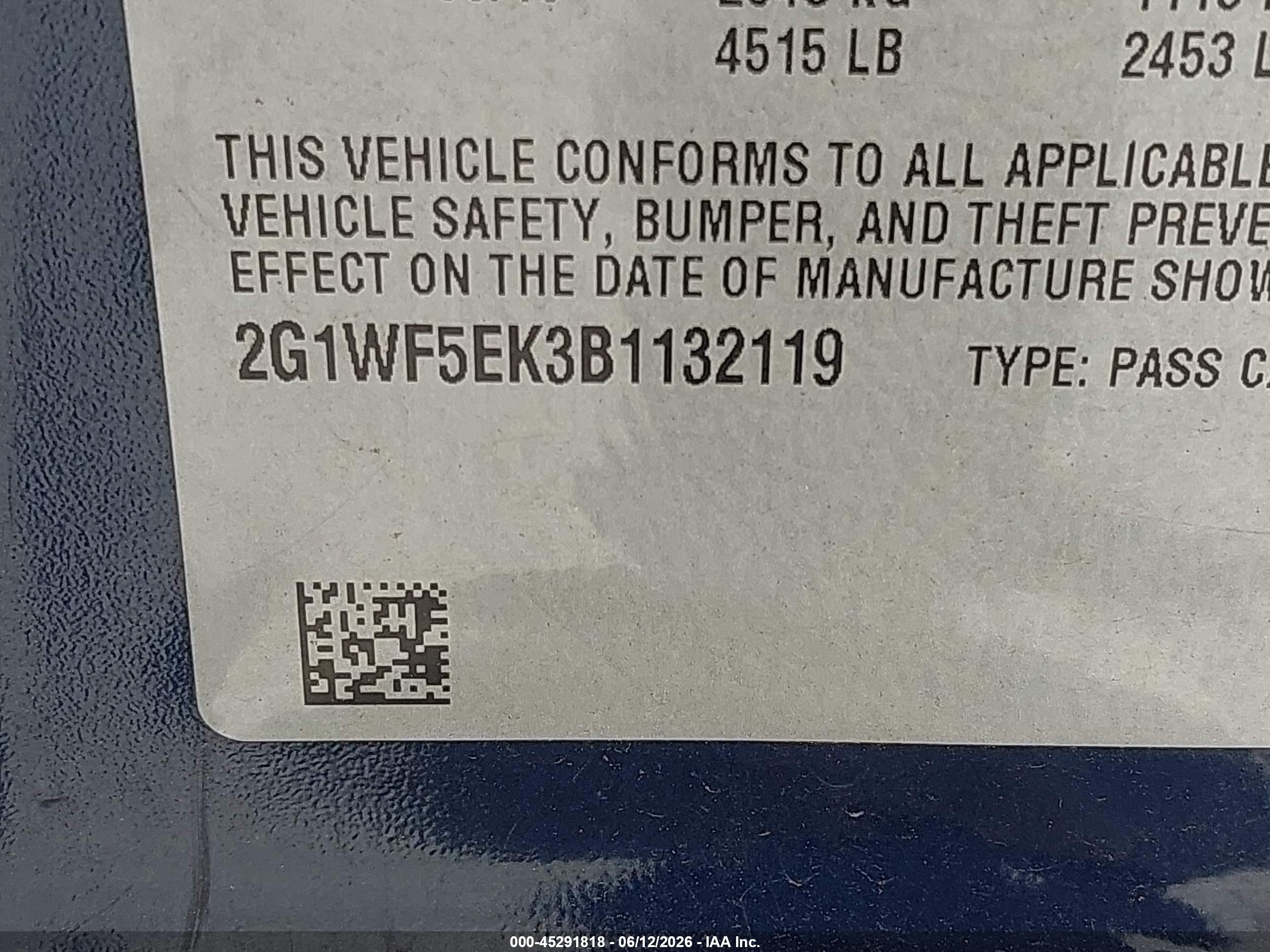 2011 Chevrolet Impala Ls Blue vin: 2G1WF5EK3B1132119