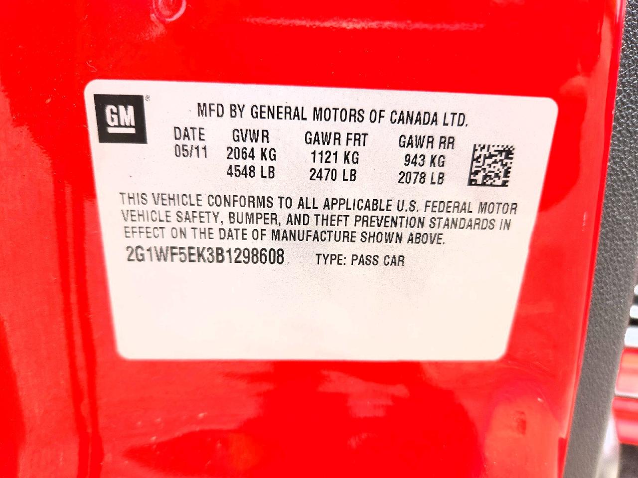 2011 Chev Impala Red vin: 2G1WF5EK3B1298608