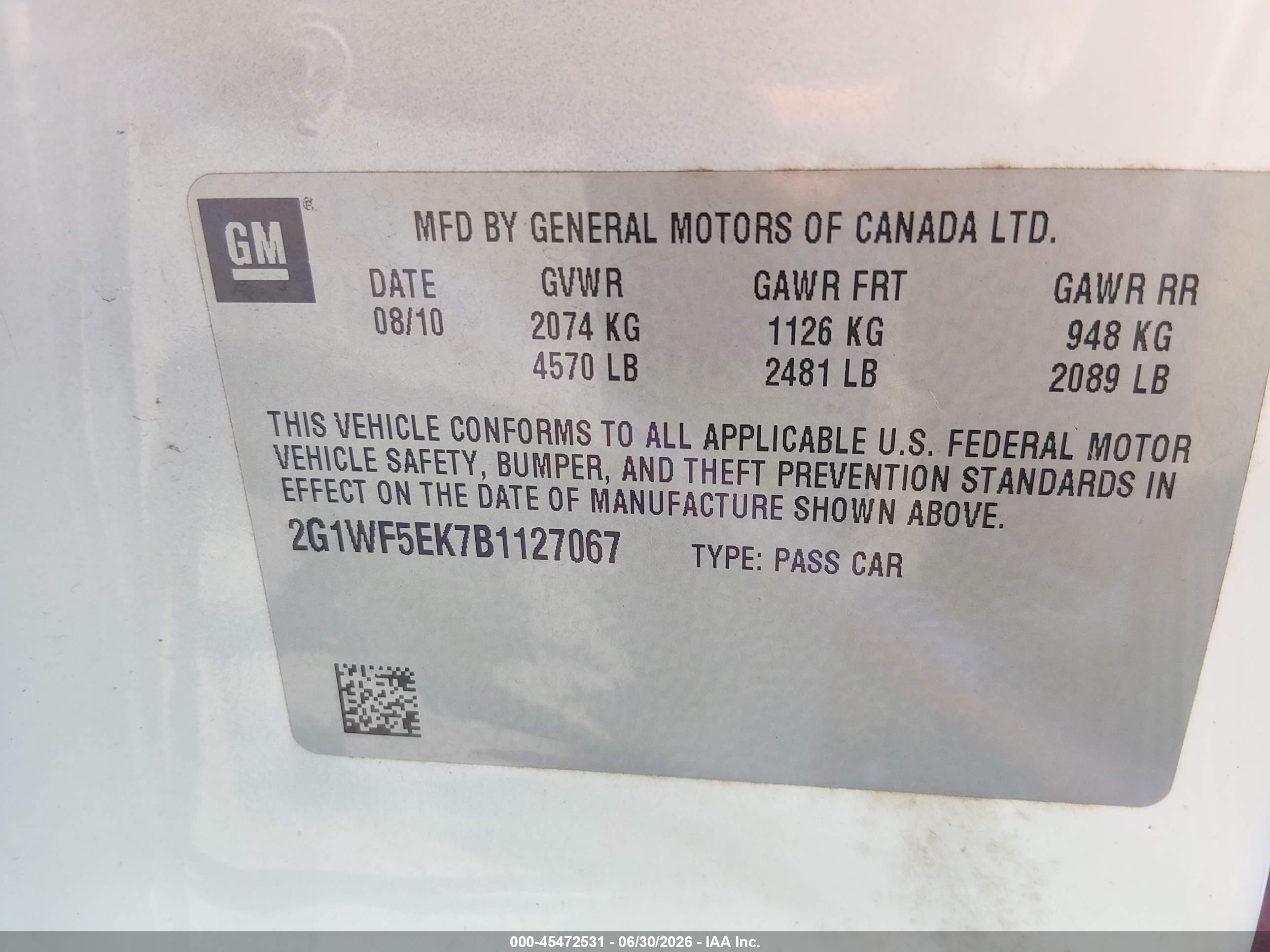 2011 Chevrolet Impala Ls White vin: 2G1WF5EK7B1127067