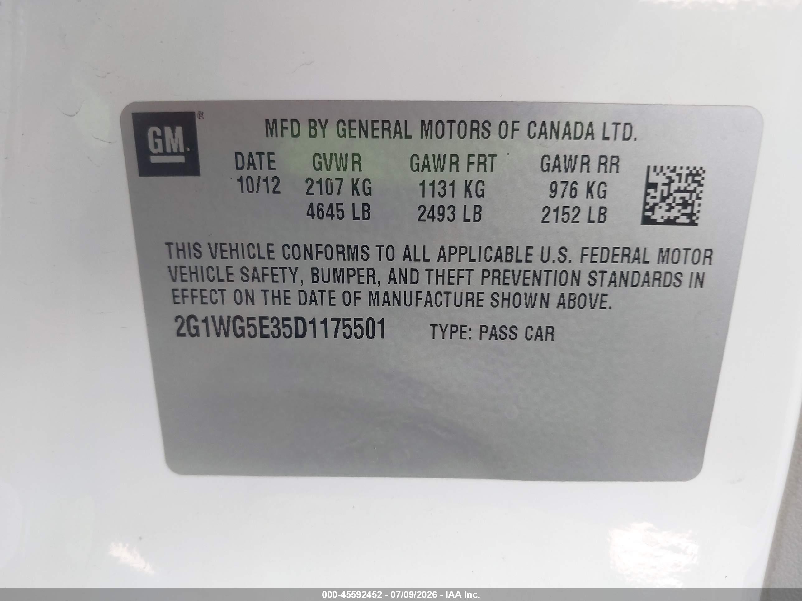 2013 Chevrolet Impala Lt Белый vin: 2G1WG5E35D1175501