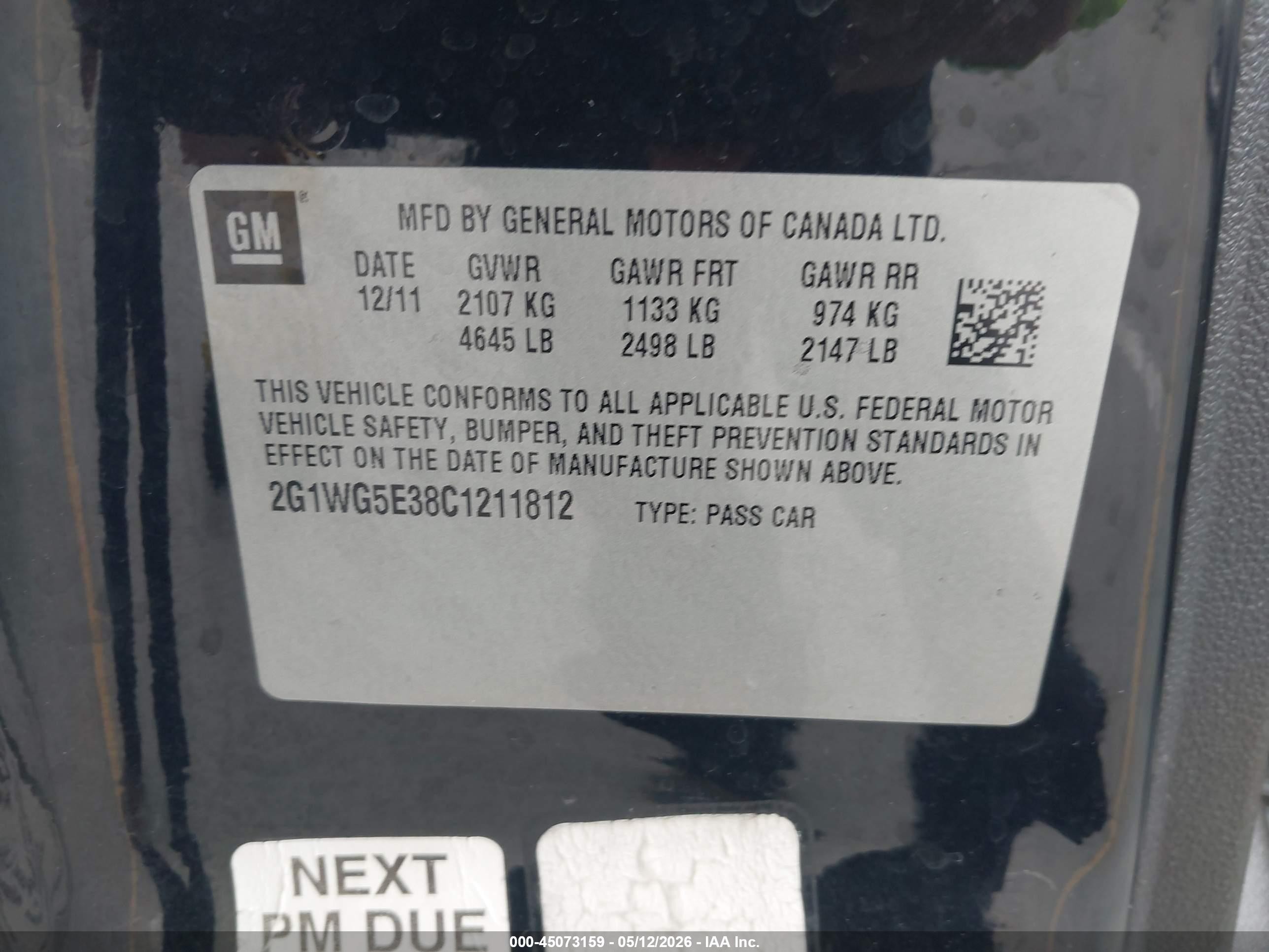 2012 Chevrolet Impala Lt Black vin: 2G1WG5E38C1211812