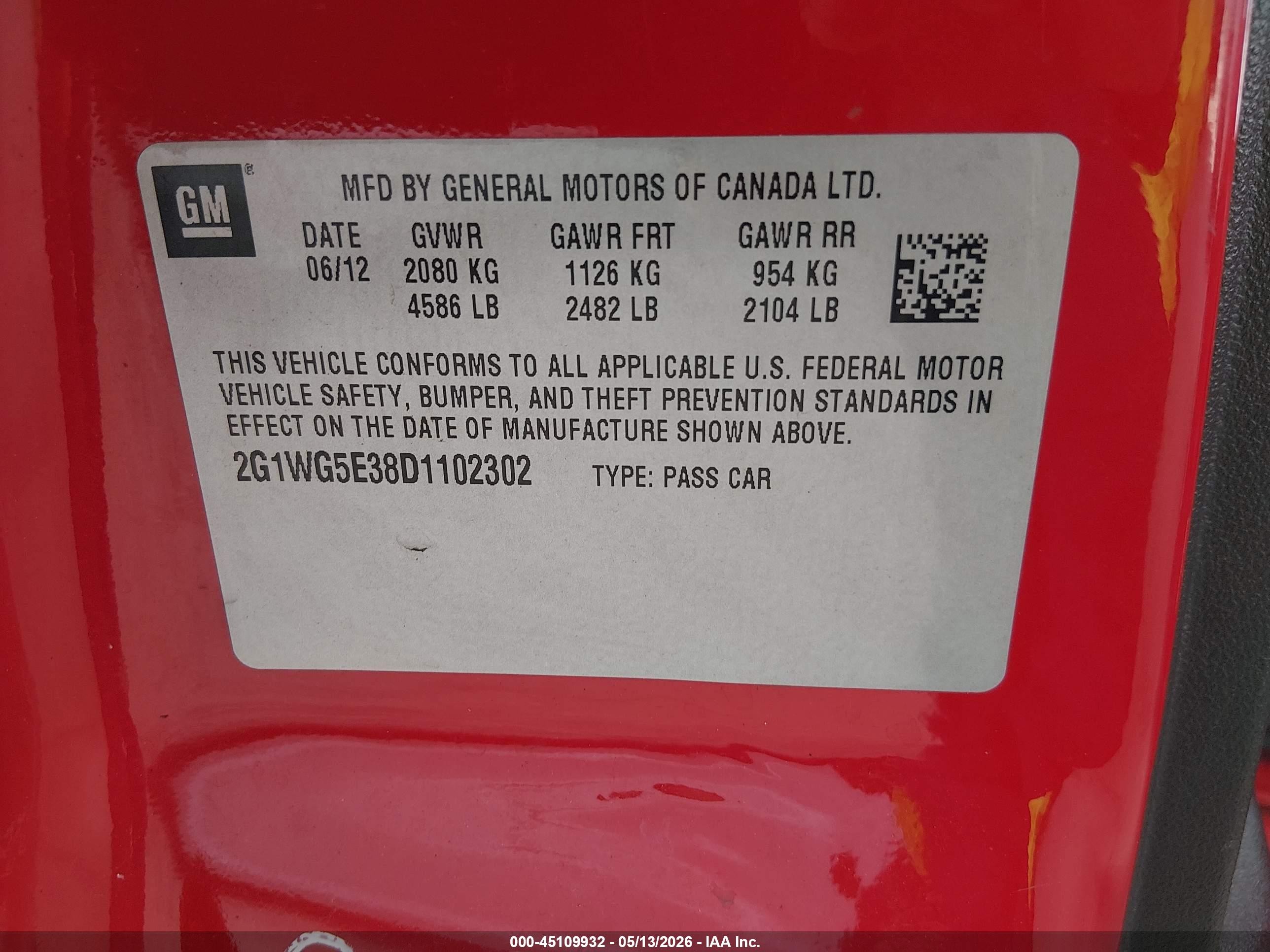 2013 Chevrolet Impala Lt Red vin: 2G1WG5E38D1102302